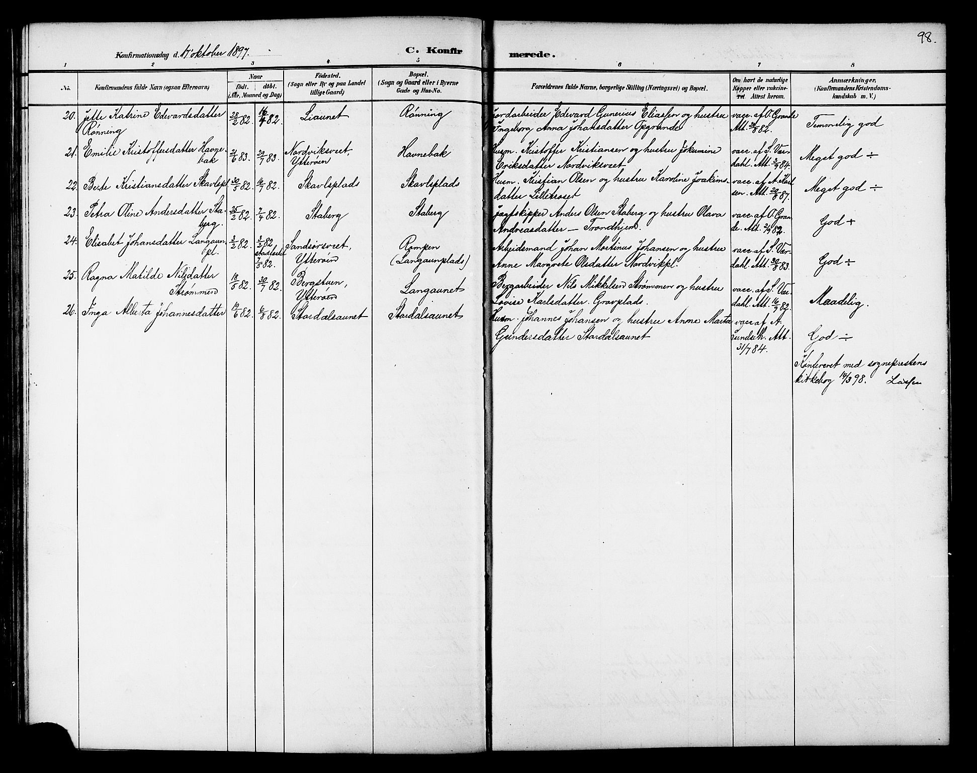 Ministerialprotokoller, klokkerbøker og fødselsregistre - Nord-Trøndelag, SAT/A-1458/733/L0327: Parish register (copy) no. 733C02, 1888-1918, p. 98