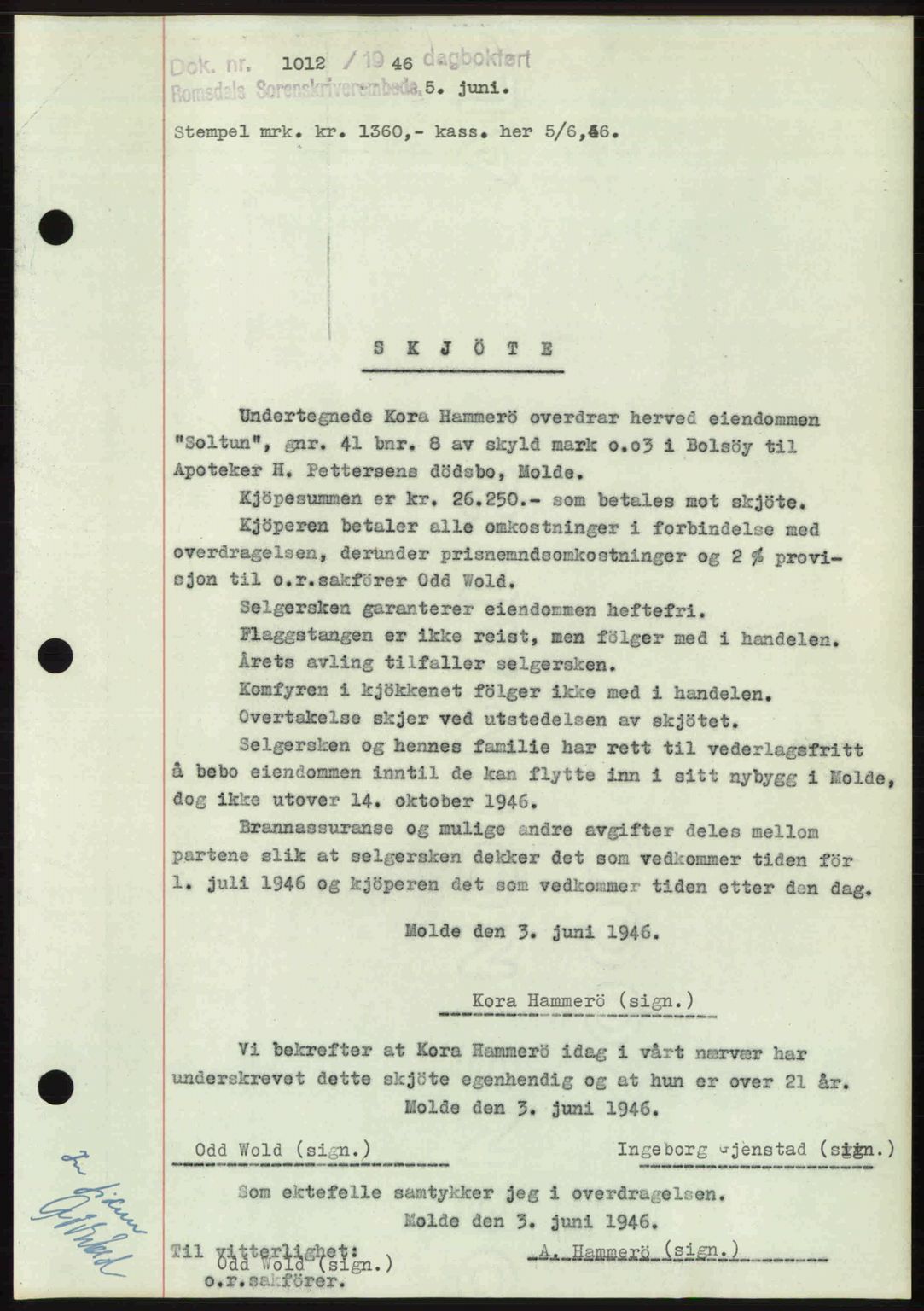 Romsdal sorenskriveri, AV/SAT-A-4149/1/2/2C: Mortgage book no. A20, 1946-1946, Diary no: : 1012/1946