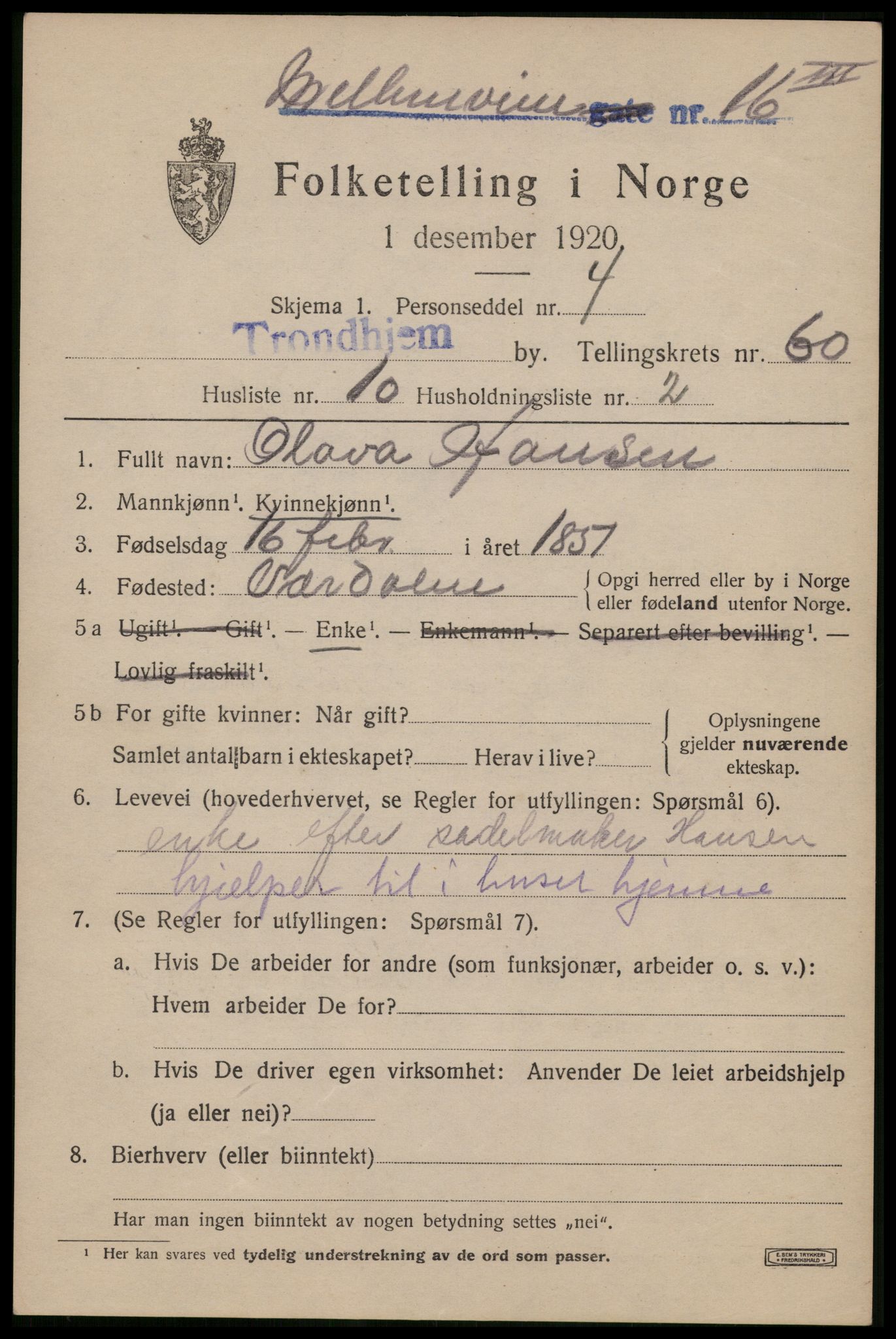 SAT, 1920 census for Trondheim, 1920, p. 121848