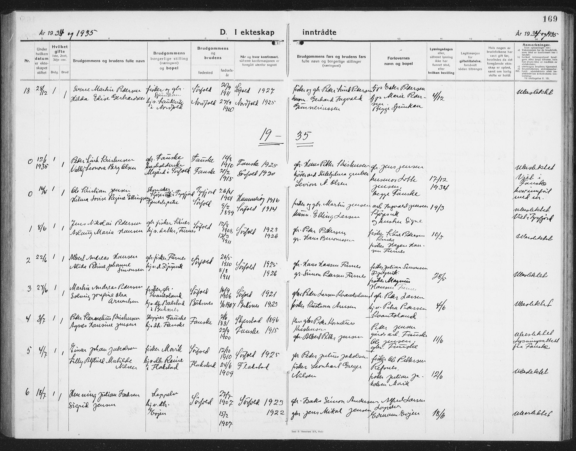 Ministerialprotokoller, klokkerbøker og fødselsregistre - Nordland, AV/SAT-A-1459/854/L0788: Parish register (copy) no. 854C04, 1926-1940, p. 169