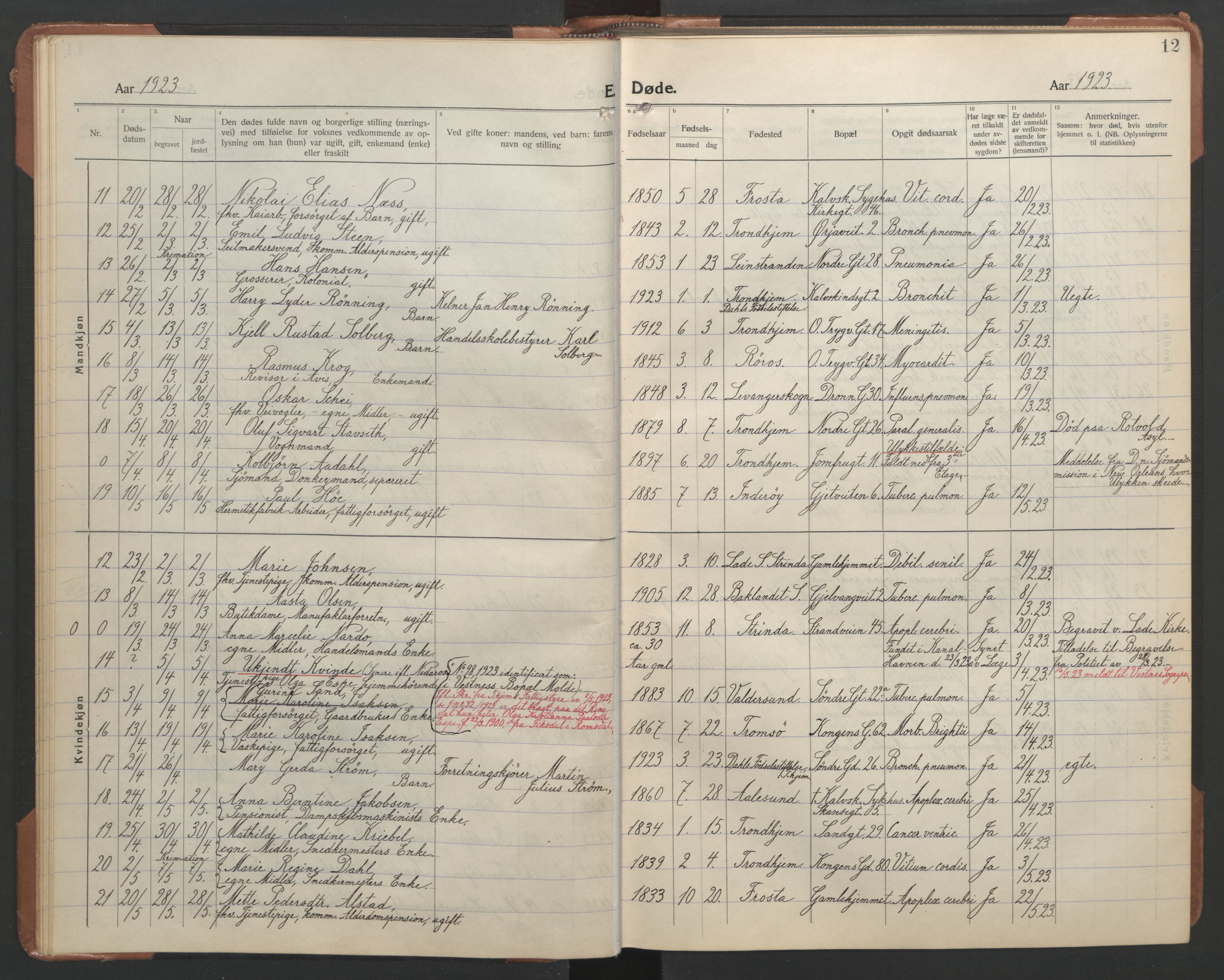 Ministerialprotokoller, klokkerbøker og fødselsregistre - Sør-Trøndelag, SAT/A-1456/602/L0150: Parish register (copy) no. 602C18, 1922-1949, p. 12