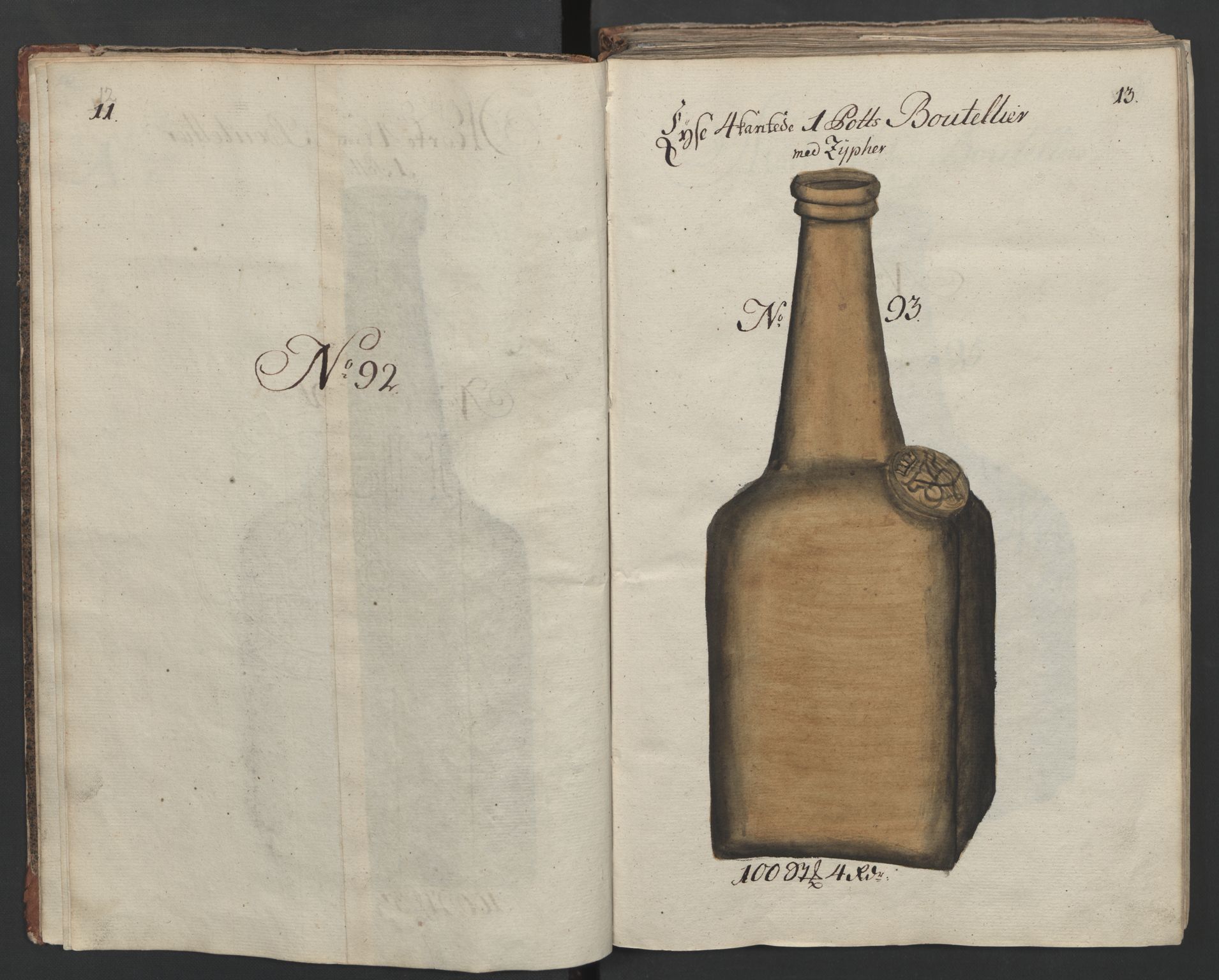 Glassverk, samlinger, AV/RA-PA-0001/F/Fa/L0036: Modellbok for Nøstetangens og Aas' produkter med prisangivelse,, 1763, p. 12-13