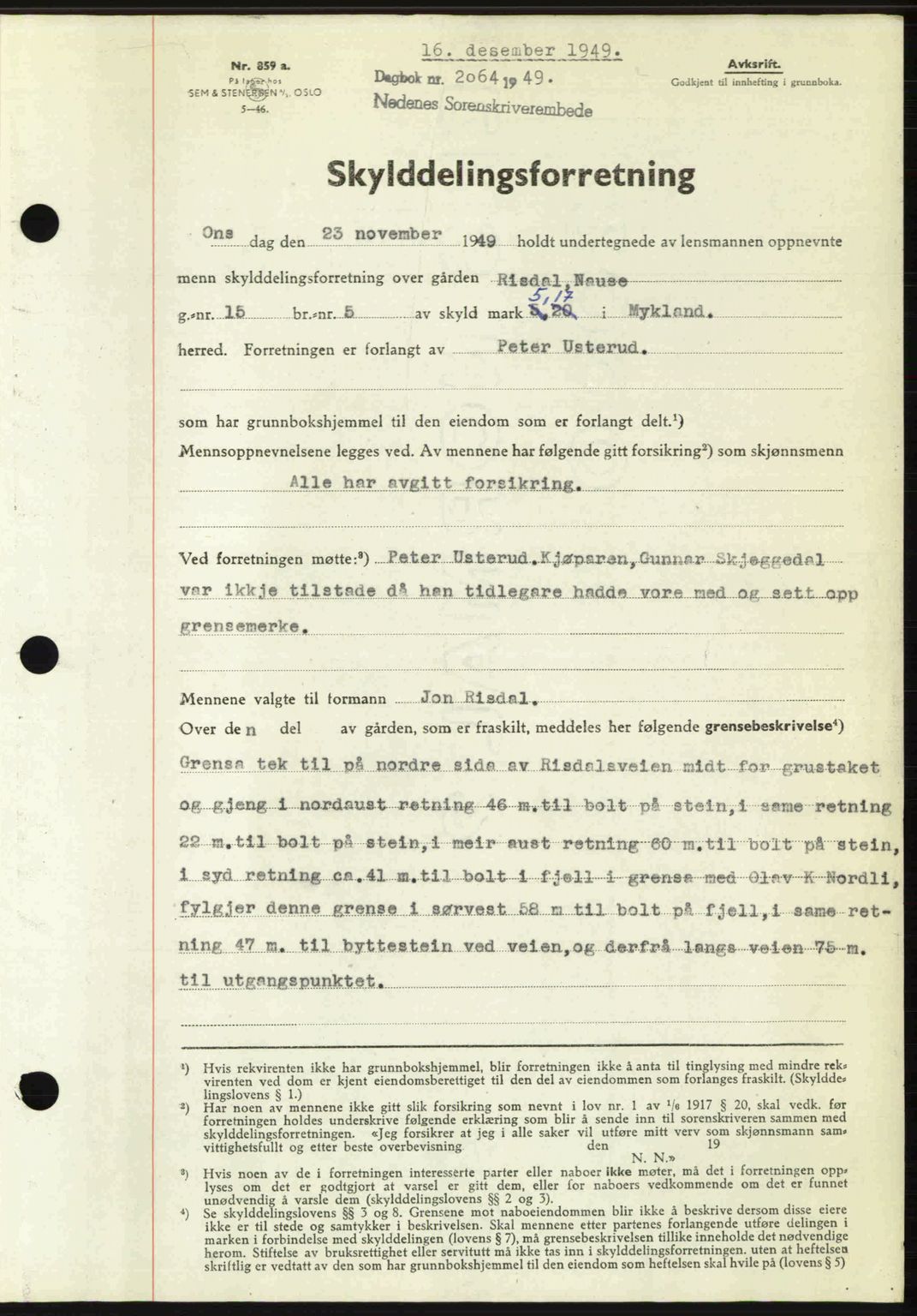 Nedenes sorenskriveri, AV/SAK-1221-0006/G/Gb/Gba/L0062: Mortgage book no. A14, 1949-1950, Diary no: : 2064/1949