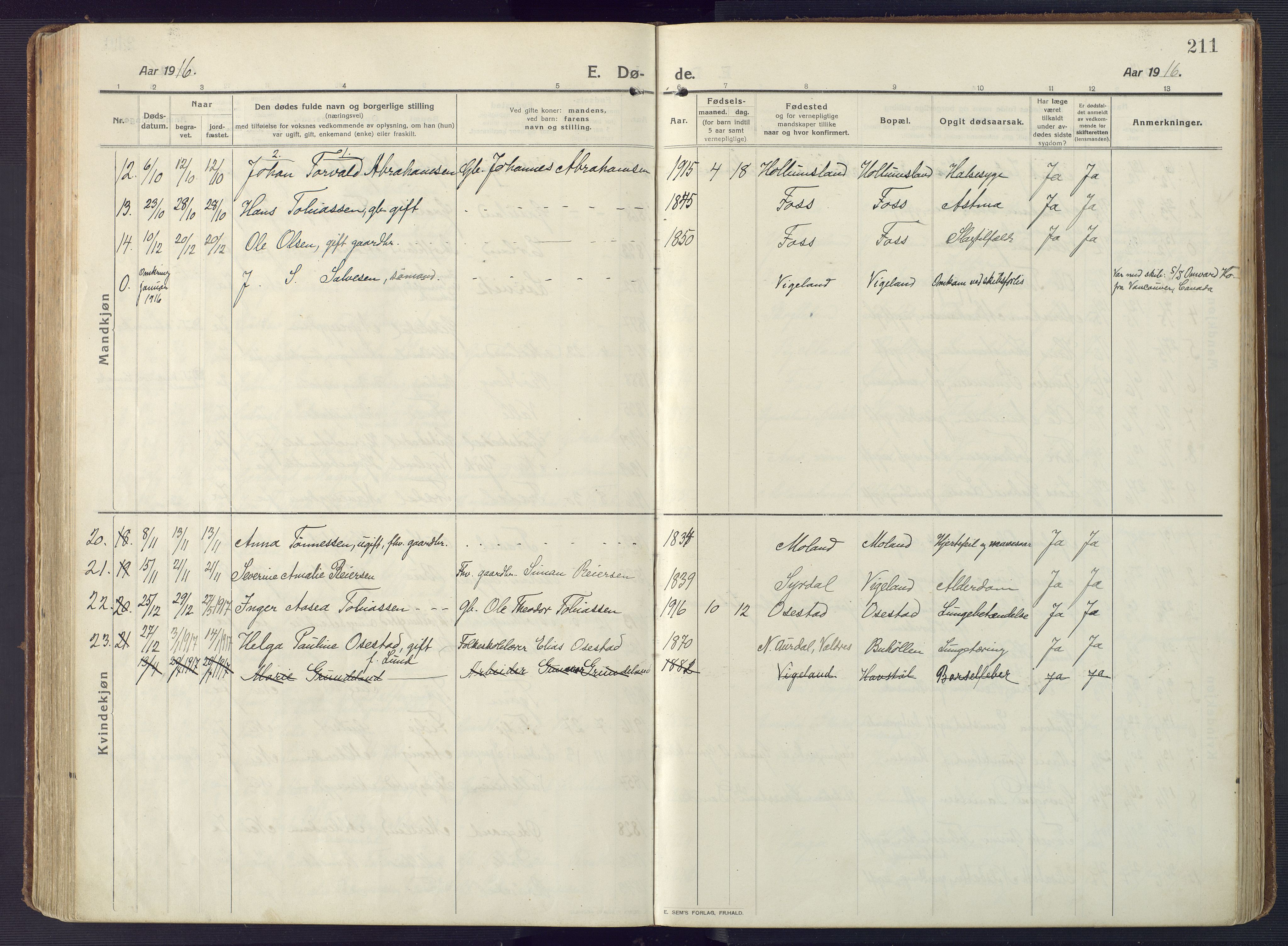 Sør-Audnedal sokneprestkontor, AV/SAK-1111-0039/F/Fa/Fab/L0011: Parish register (official) no. A 11, 1912-1938, p. 211