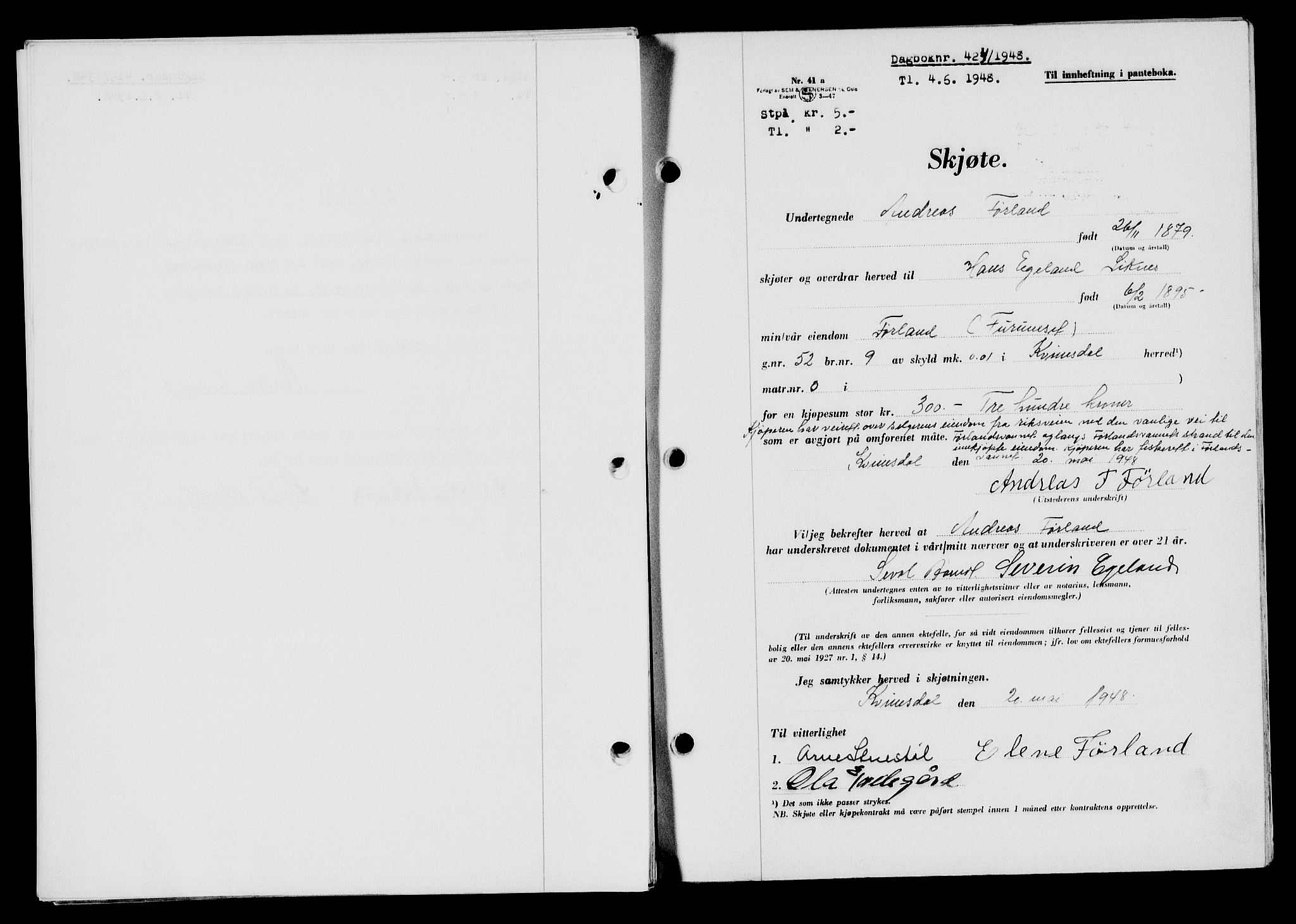 Flekkefjord sorenskriveri, AV/SAK-1221-0001/G/Gb/Gba/L0063: Mortgage book no. A-11, 1947-1948, Diary no: : 424/1948