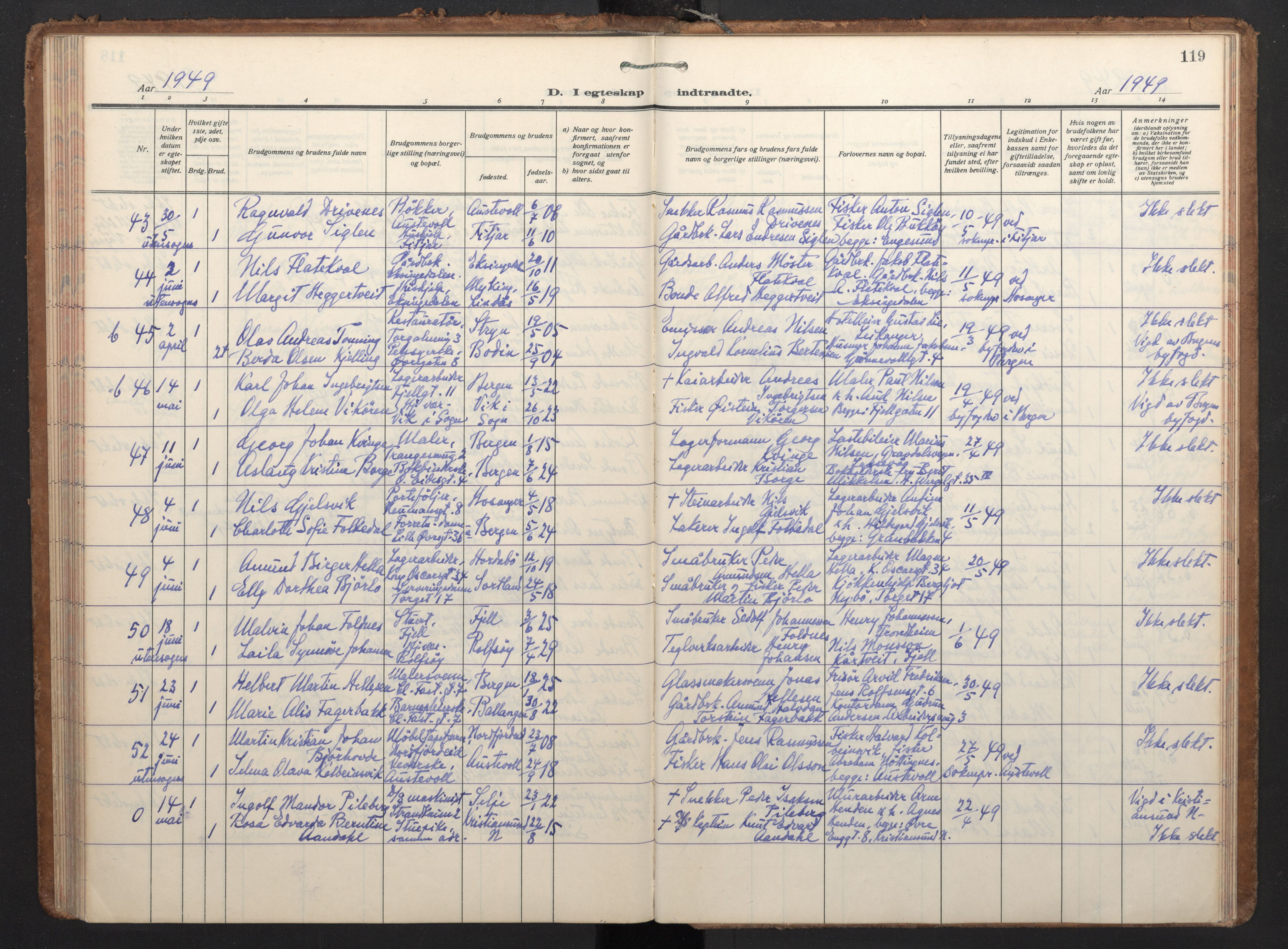 Korskirken sokneprestembete, AV/SAB-A-76101/H/Haa/L0040: Parish register (official) no. D 7, 1938-1952, p. 118b-119a