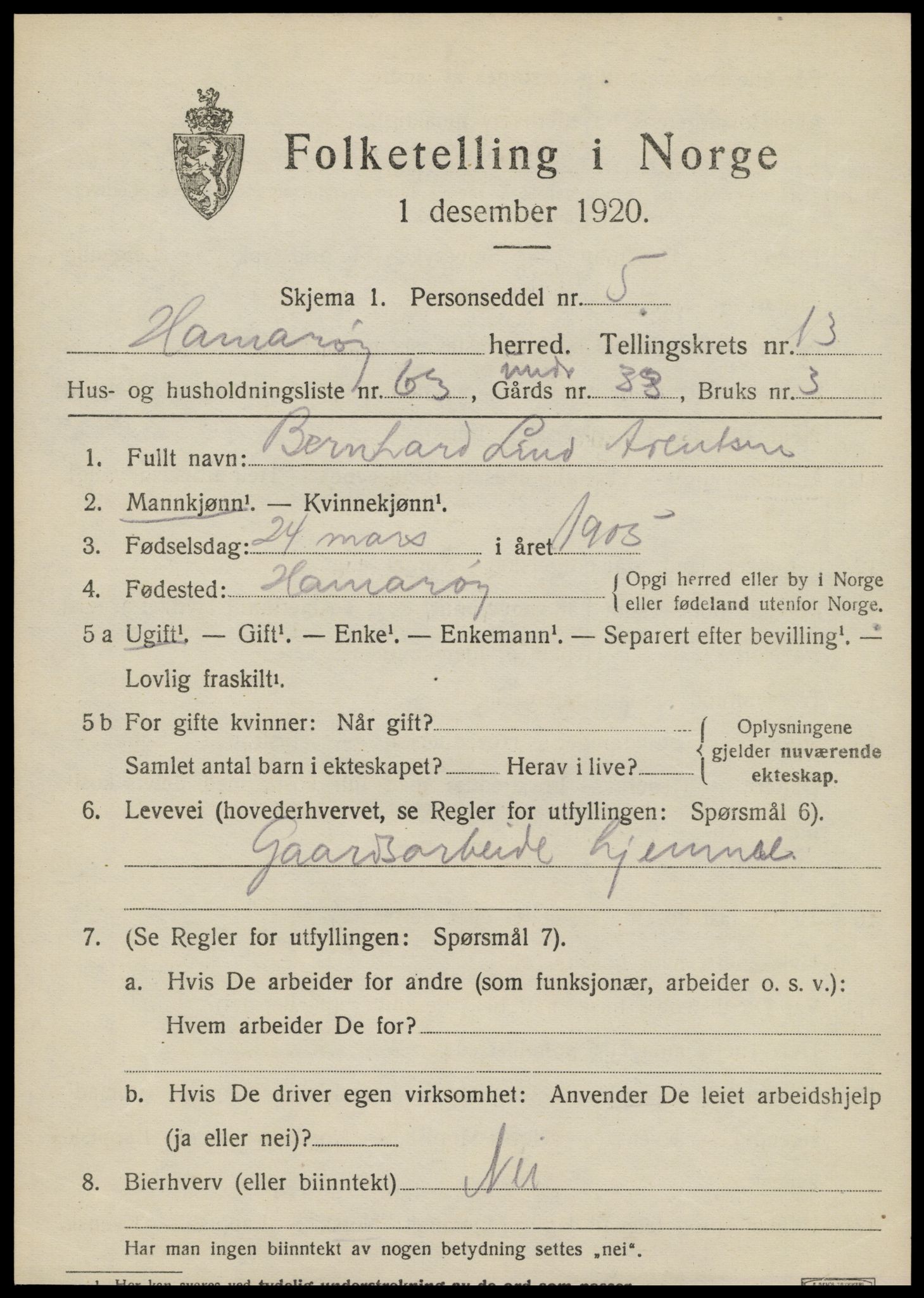 SAT, 1920 census for Hamarøy, 1920, p. 6754