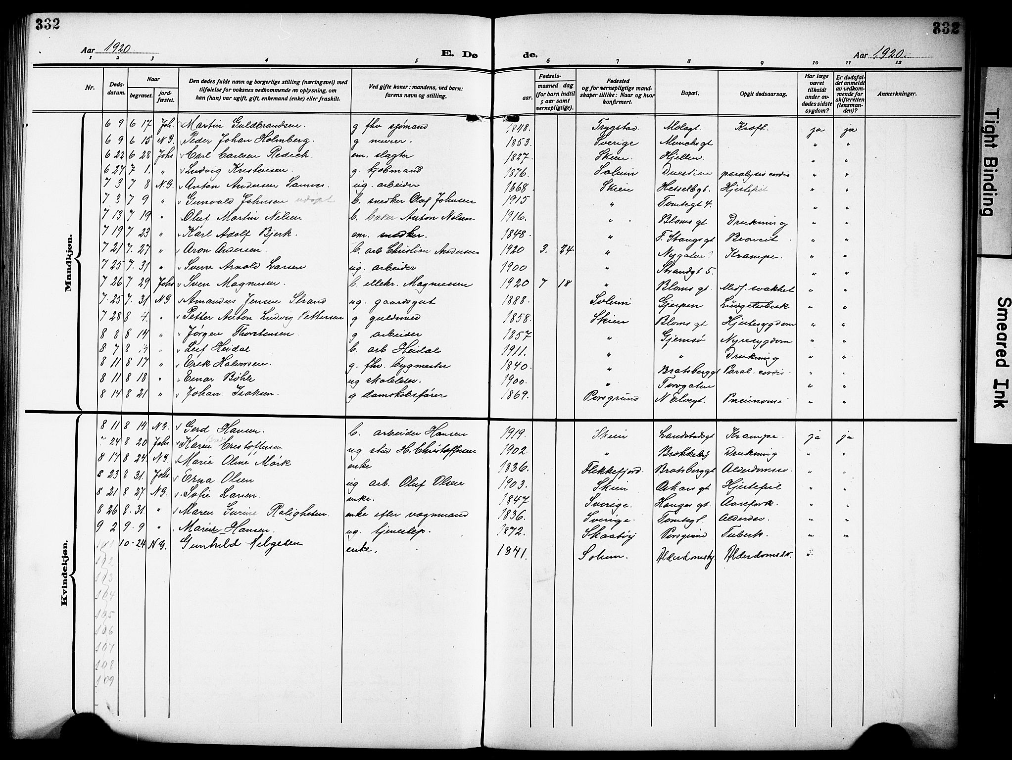 Skien kirkebøker, SAKO/A-302/G/Ga/L0010: Parish register (copy) no. 10, 1920-1931, p. 332