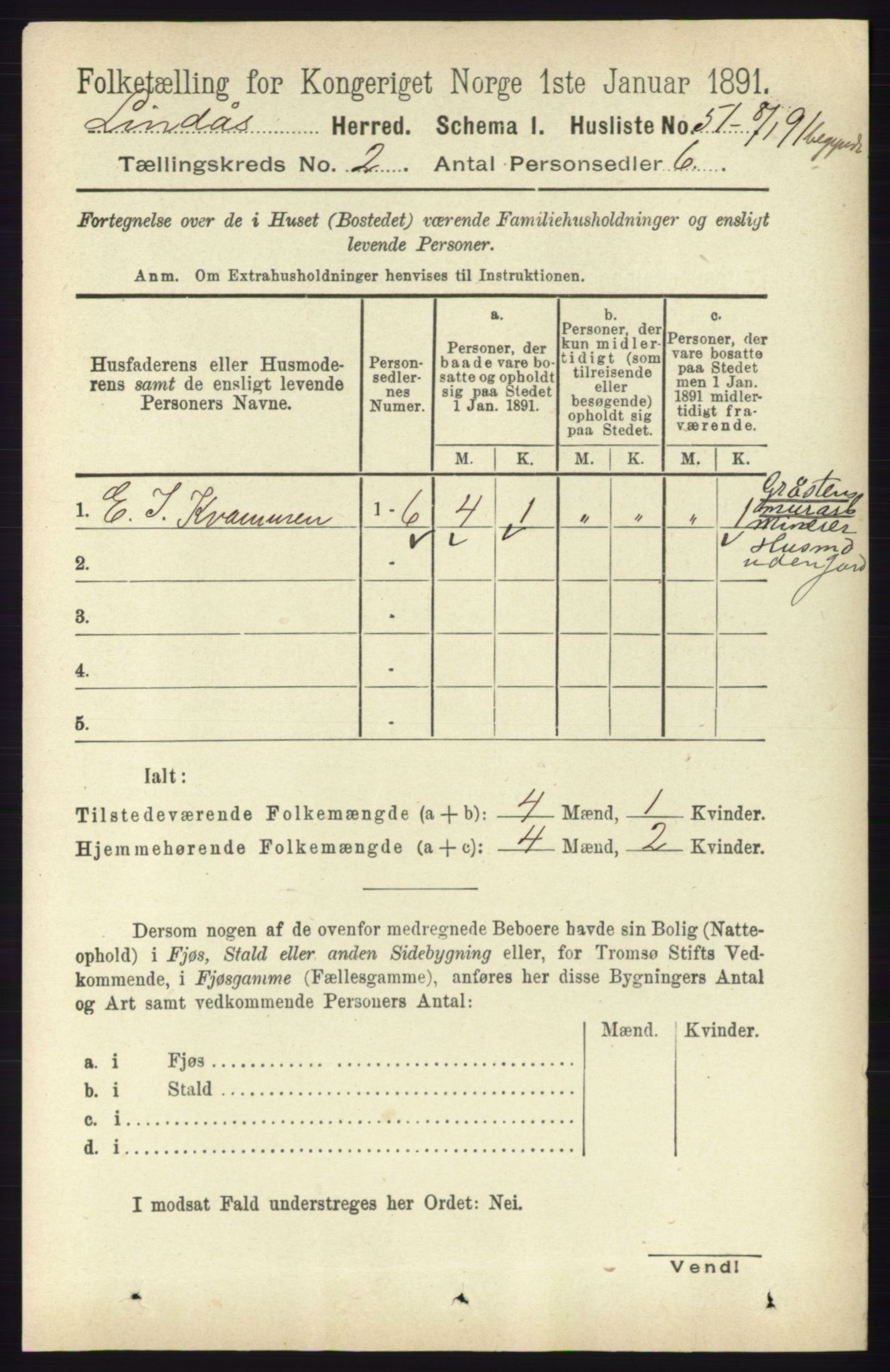 RA, 1891 census for 1263 Lindås, 1891, p. 426