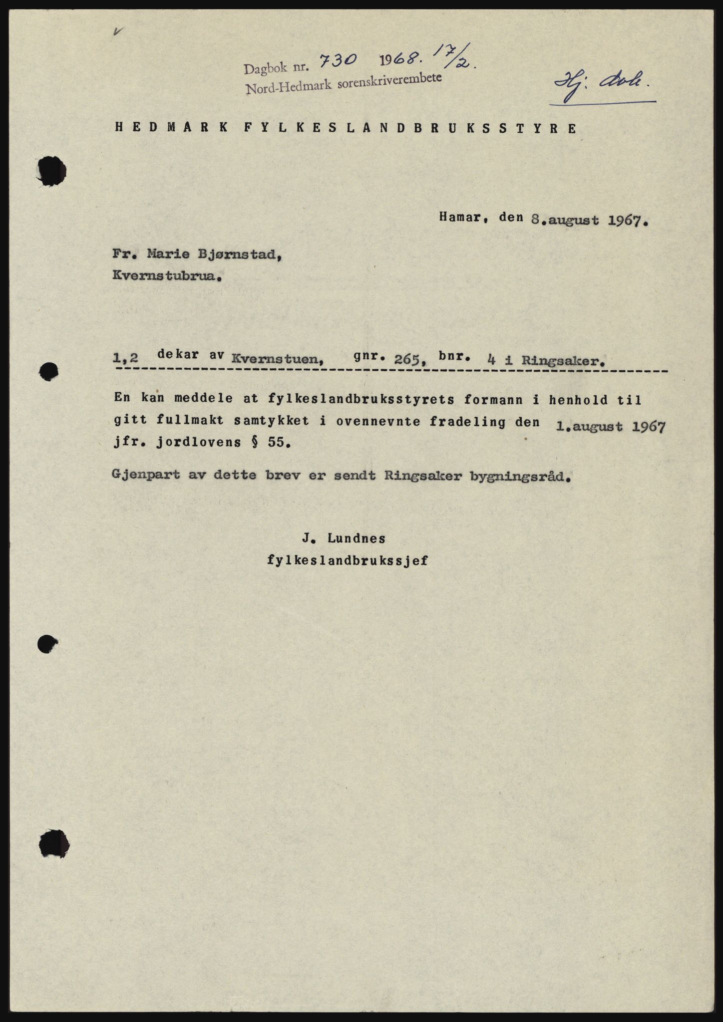 Nord-Hedmark sorenskriveri, SAH/TING-012/H/Hc/L0027: Mortgage book no. 27, 1967-1968, Diary no: : 730/1968