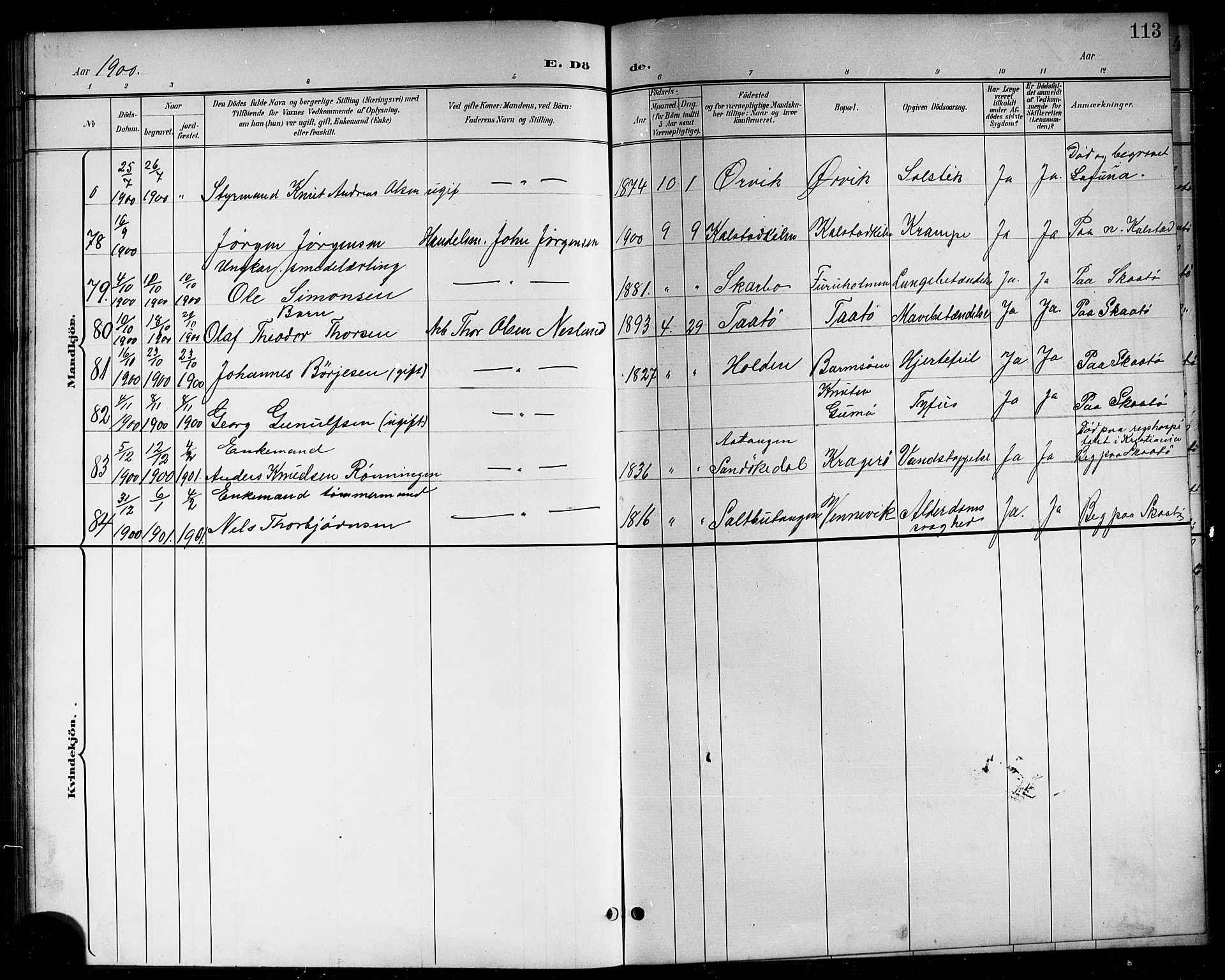 Skåtøy kirkebøker, SAKO/A-304/G/Ga/L0004: Parish register (copy) no. I 4, 1898-1916, p. 113