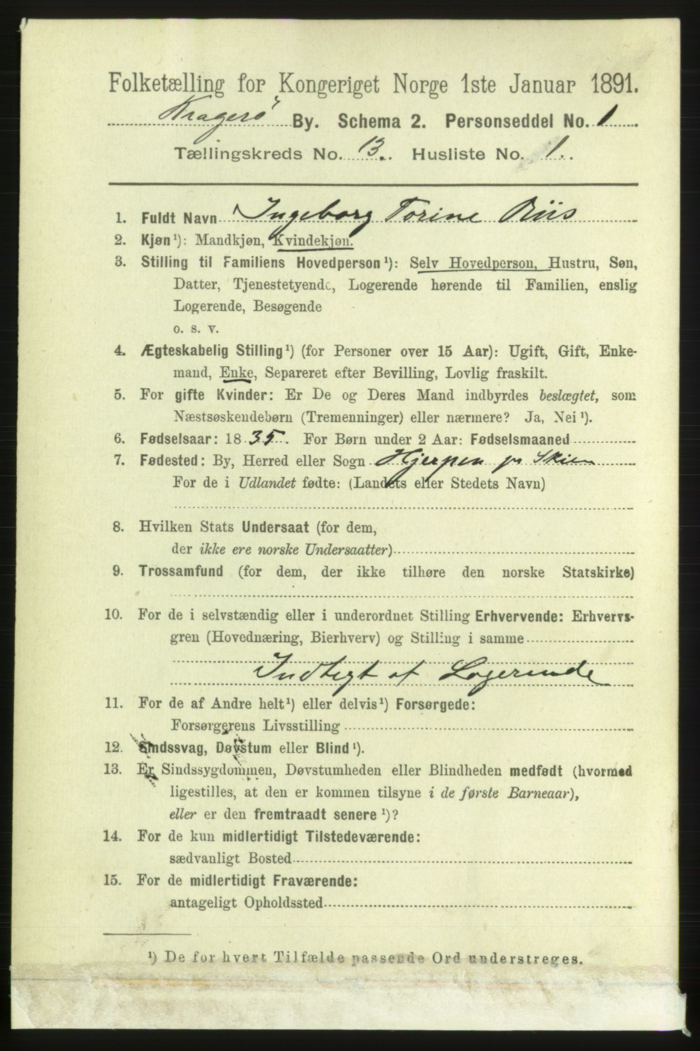 RA, 1891 census for 0801 Kragerø, 1891, p. 3975