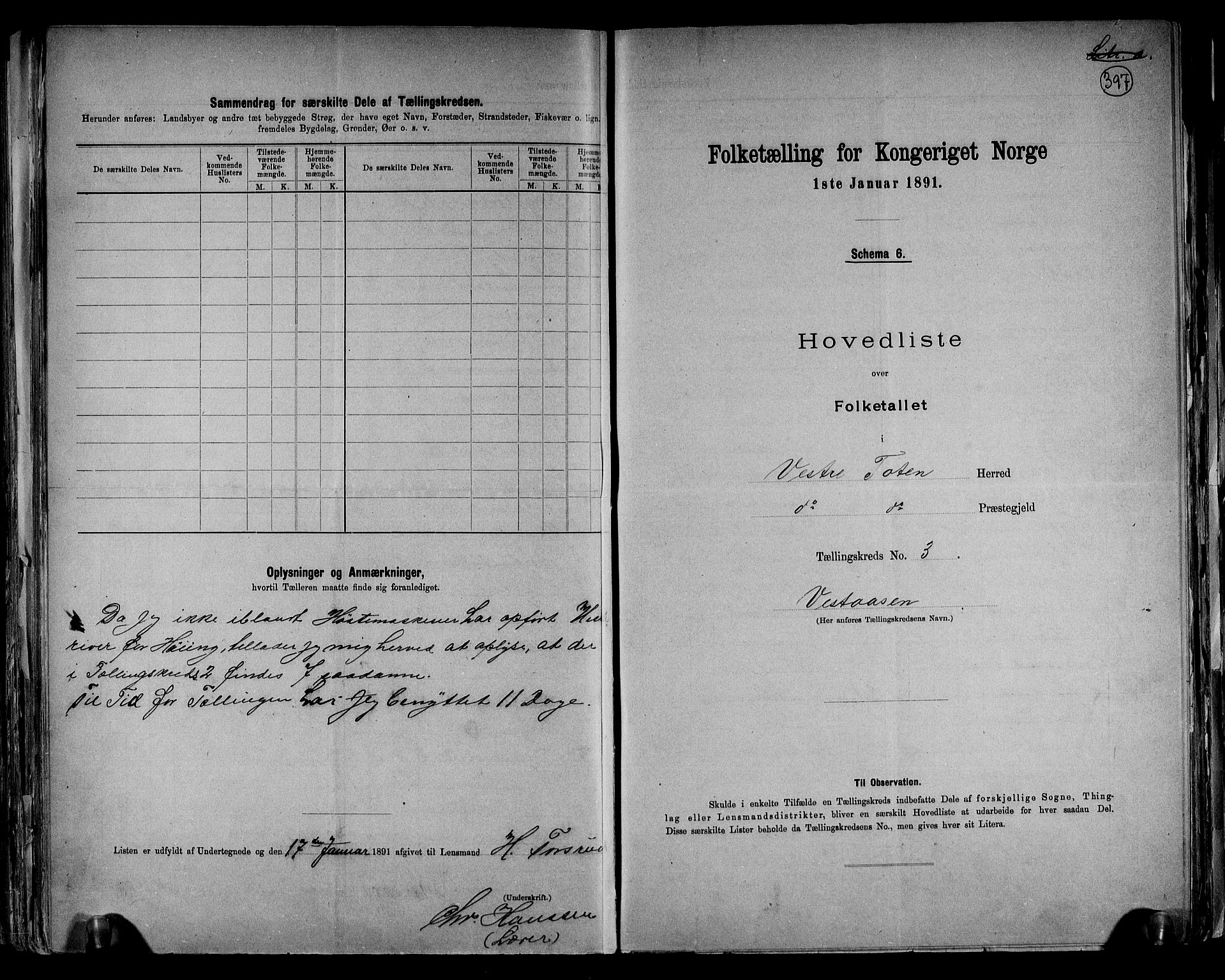 RA, 1891 census for 0529 Vestre Toten, 1891, p. 11