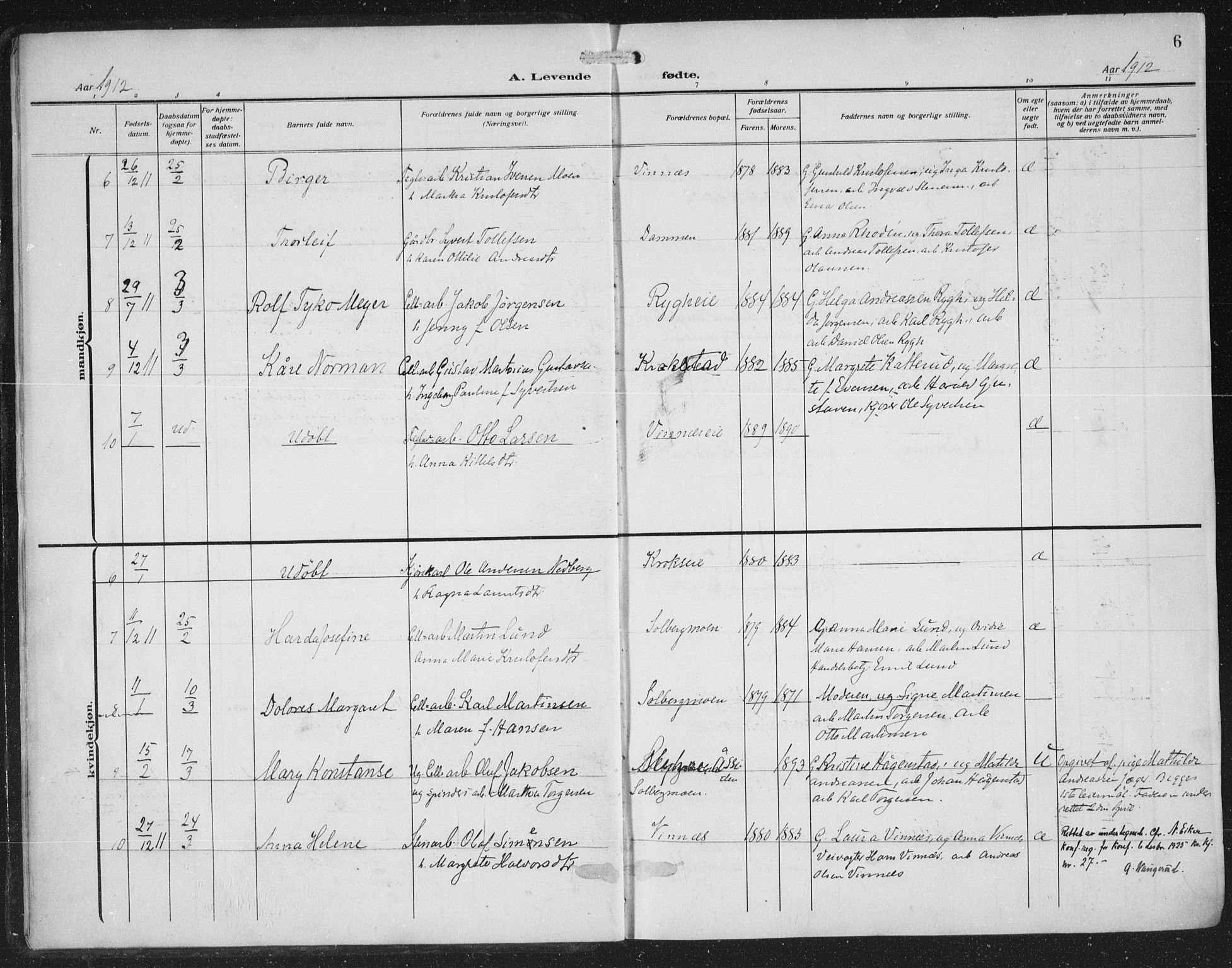 Nedre Eiker kirkebøker, AV/SAKO-A-612/F/Fa/L0007: Parish register (official) no. 7, 1912-1918, p. 6