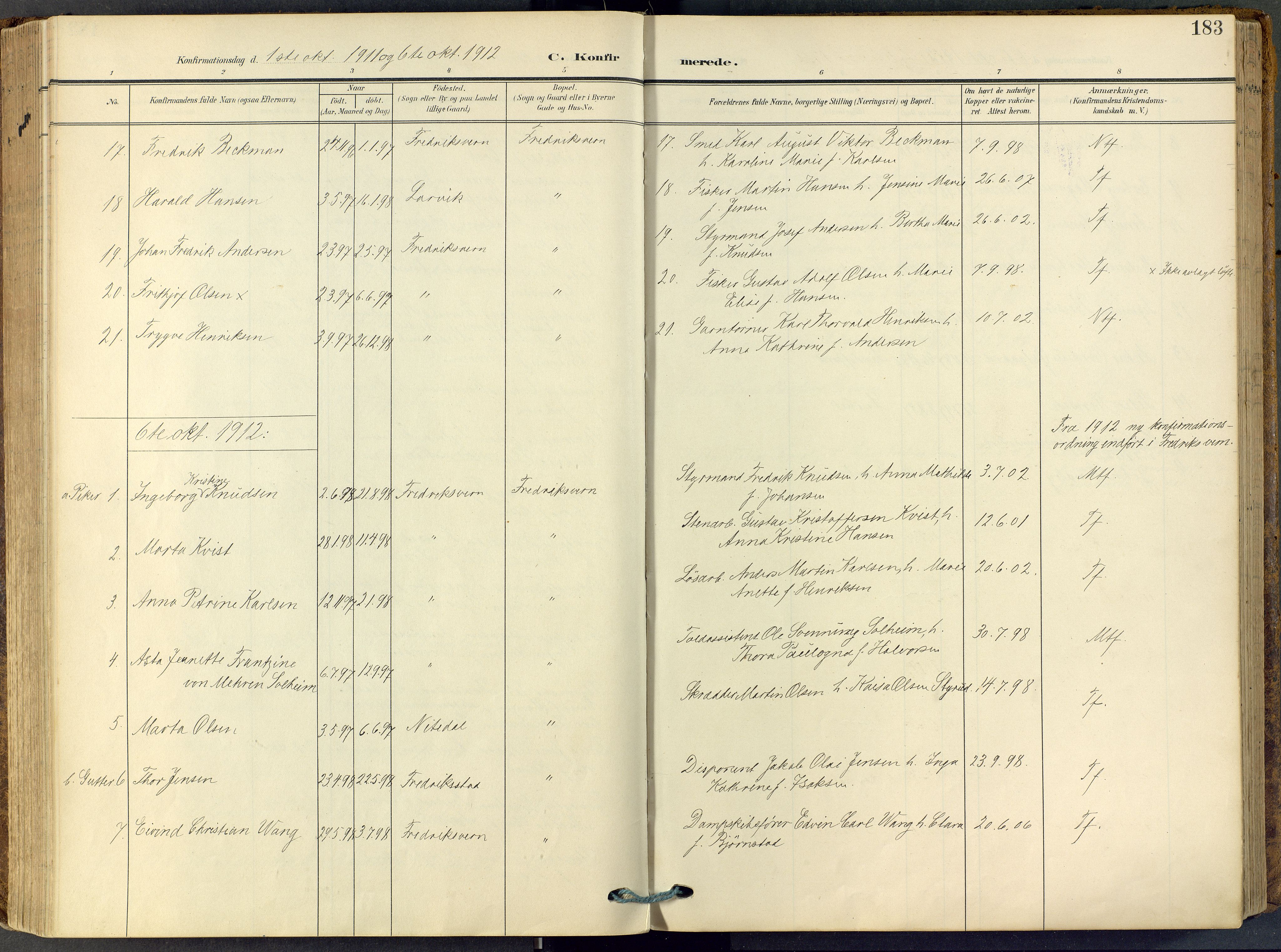 Stavern kirkebøker, SAKO/A-318/F/Fa/L0009: Parish register (official) no. 9, 1906-1955, p. 183