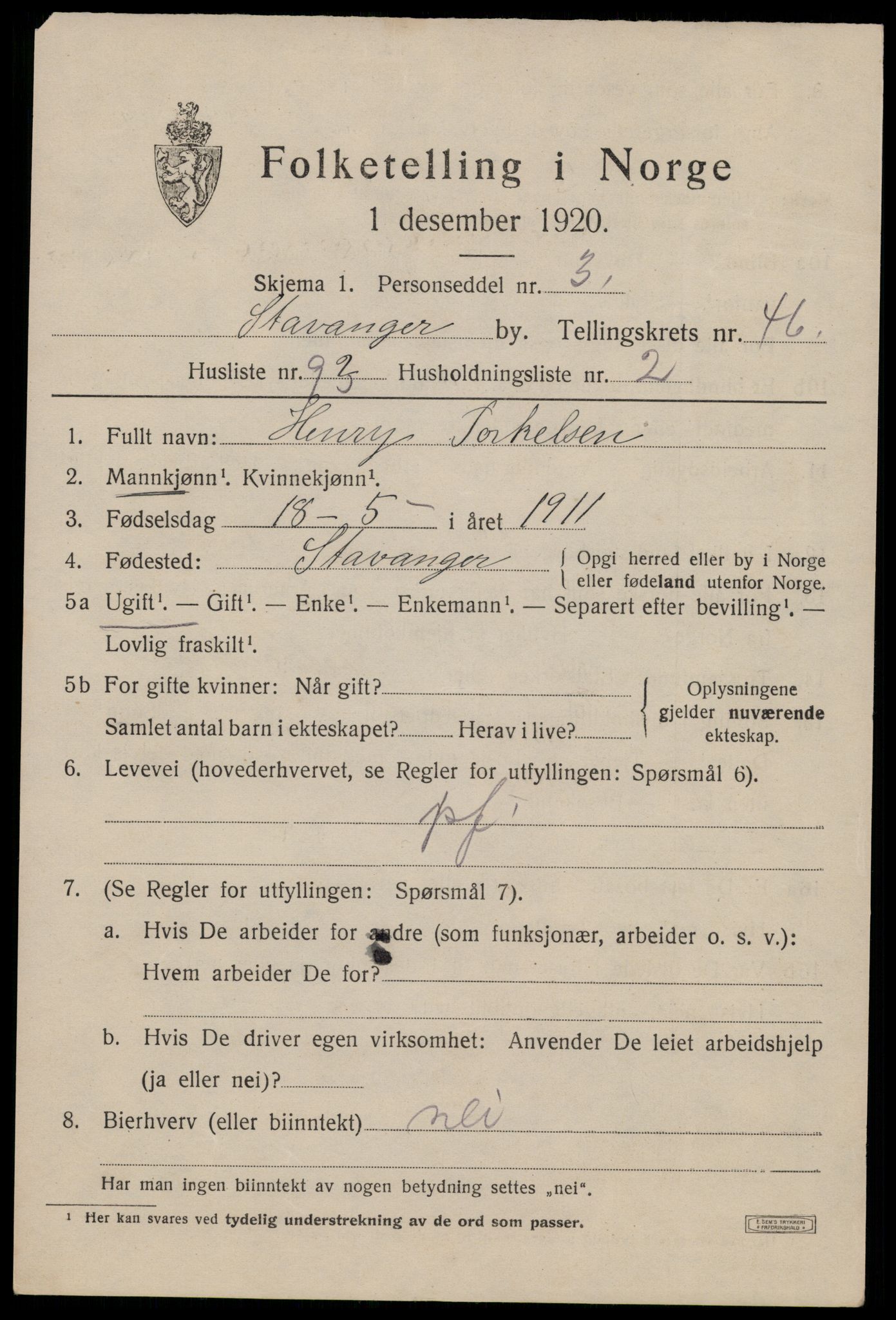 SAST, 1920 census for Stavanger, 1920, p. 113976