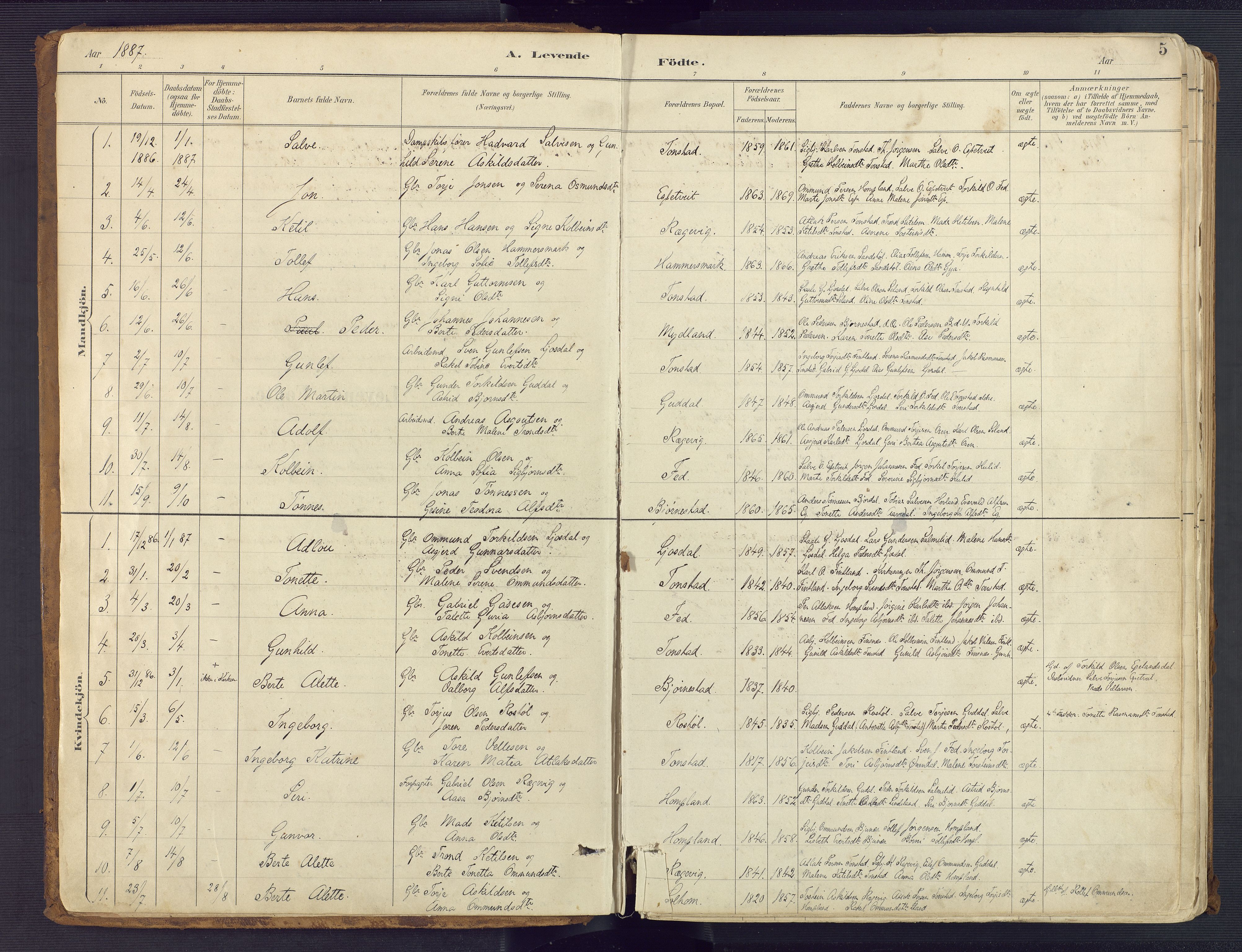 Sirdal sokneprestkontor, AV/SAK-1111-0036/F/Fa/Fab/L0004: Parish register (official) no. A 4, 1887-1919, p. 5