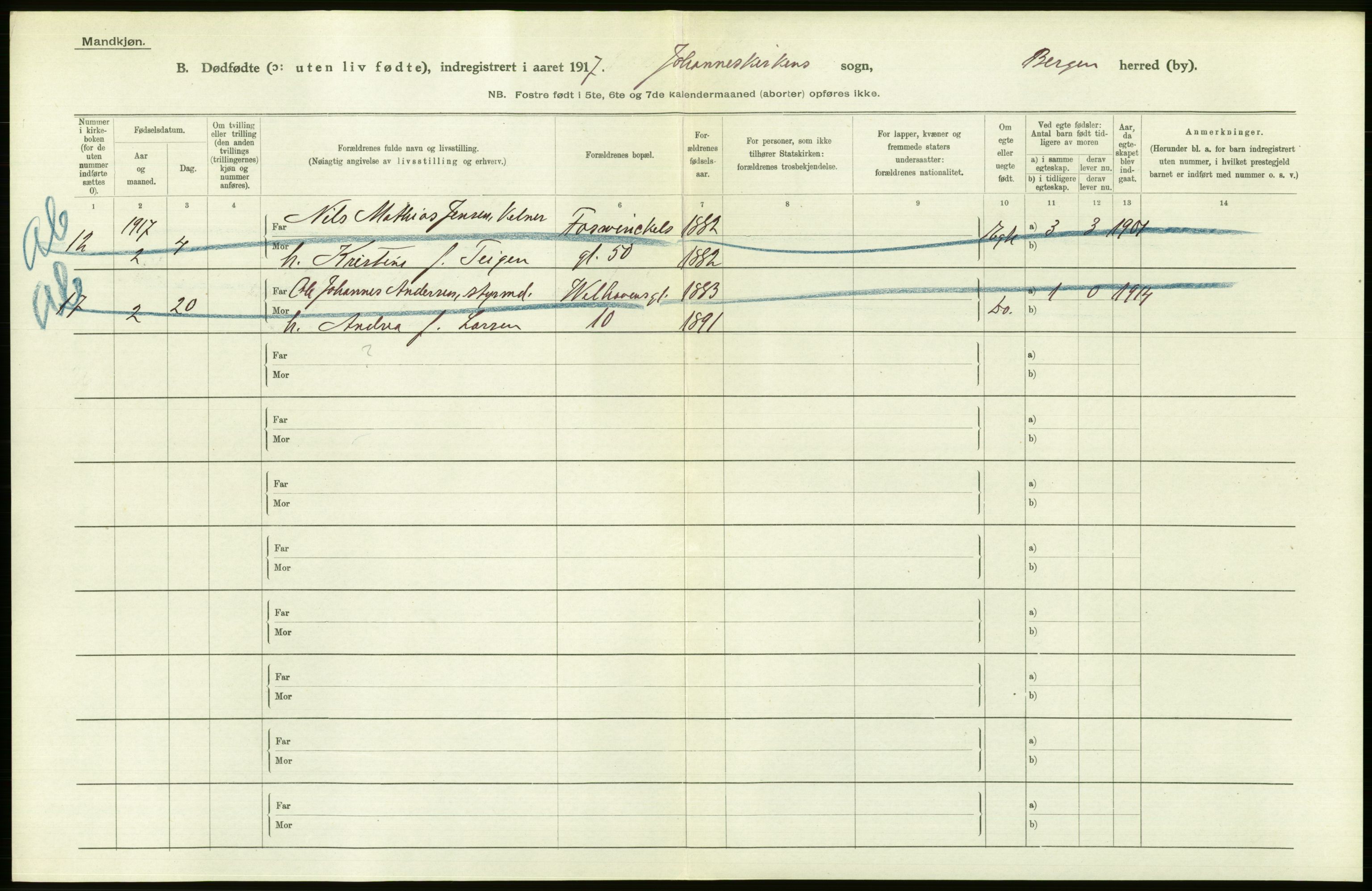 Statistisk sentralbyrå, Sosiodemografiske emner, Befolkning, AV/RA-S-2228/D/Df/Dfb/Dfbg/L0038: Bergen: Gifte, døde, dødfødte., 1917, p. 316