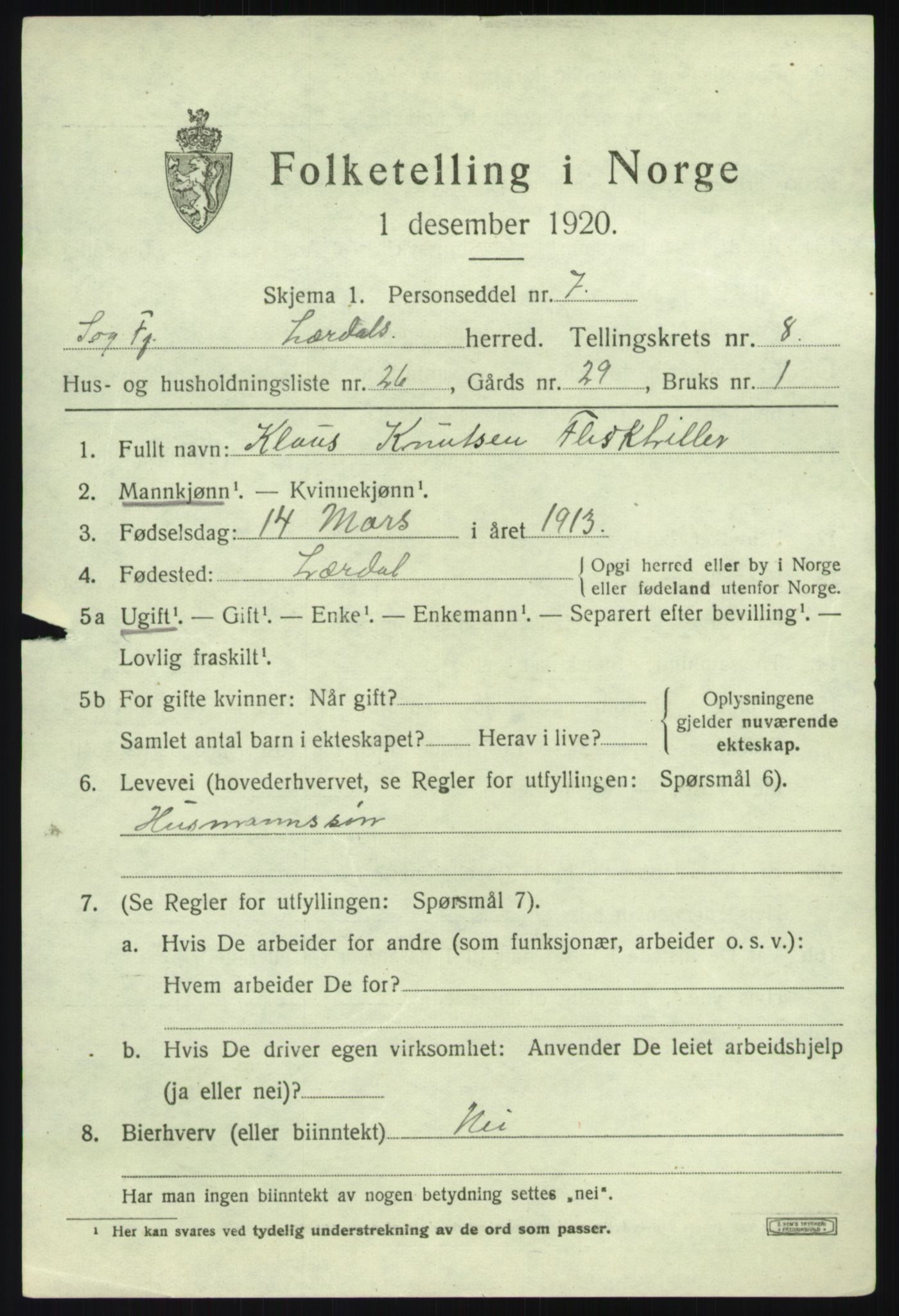 SAB, 1920 census for Lærdal, 1920, p. 4248