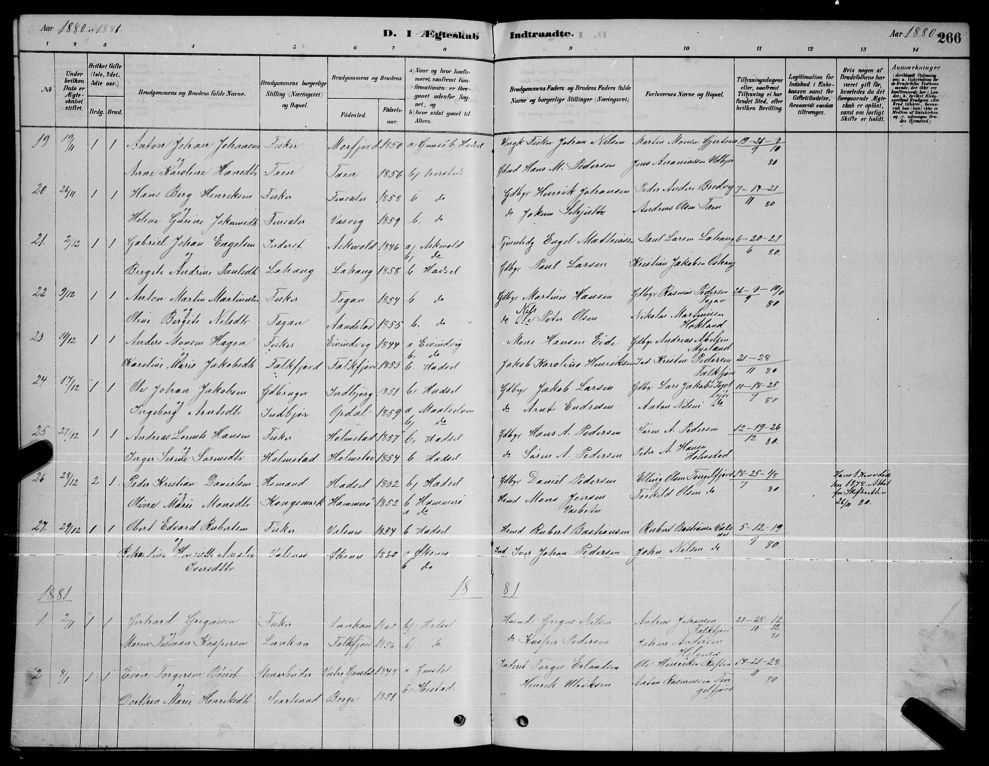 Ministerialprotokoller, klokkerbøker og fødselsregistre - Nordland, AV/SAT-A-1459/888/L1267: Parish register (copy) no. 888C05, 1878-1890, p. 266