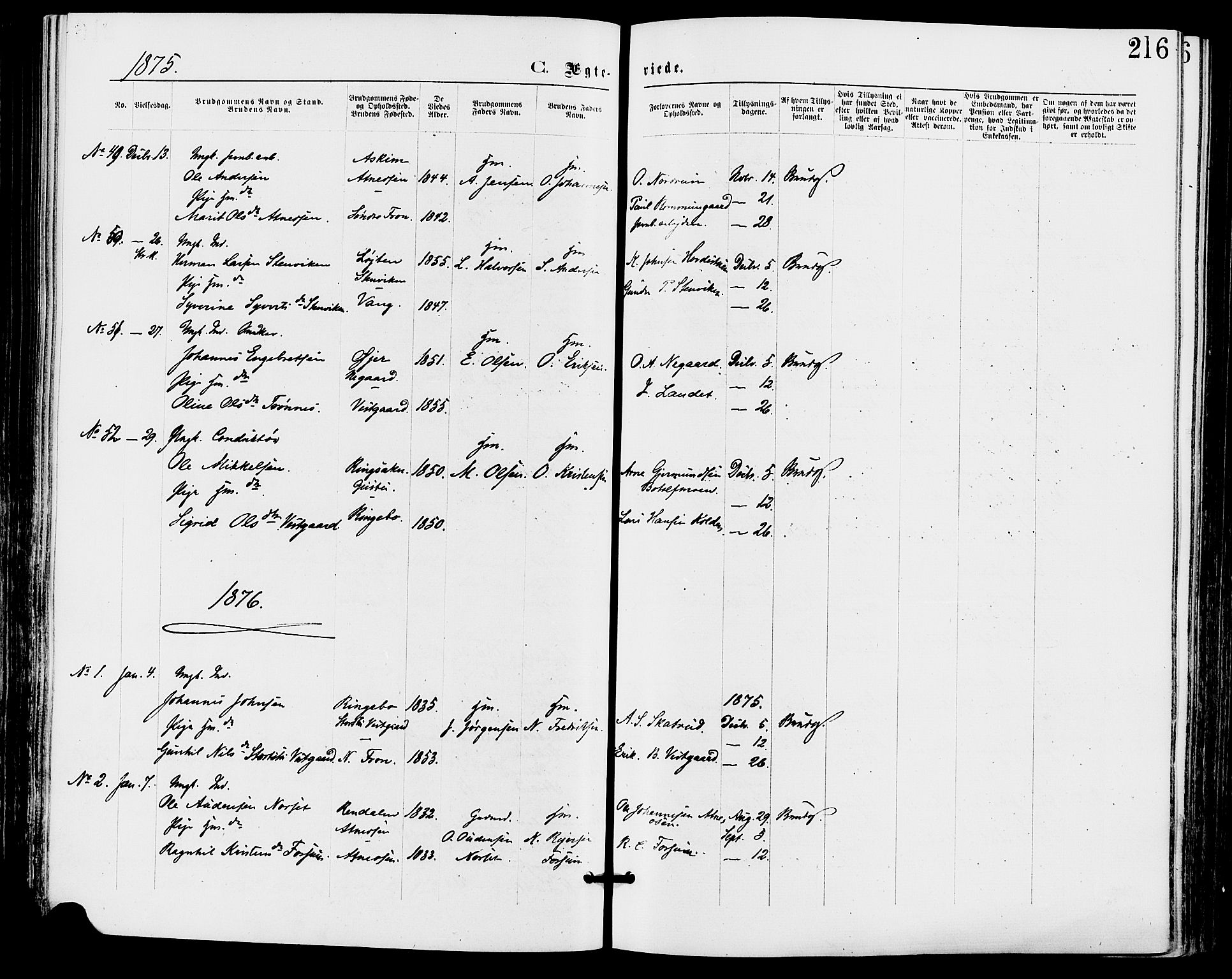 Stor-Elvdal prestekontor, SAH/PREST-052/H/Ha/Haa/L0001: Parish register (official) no. 1, 1871-1882, p. 216