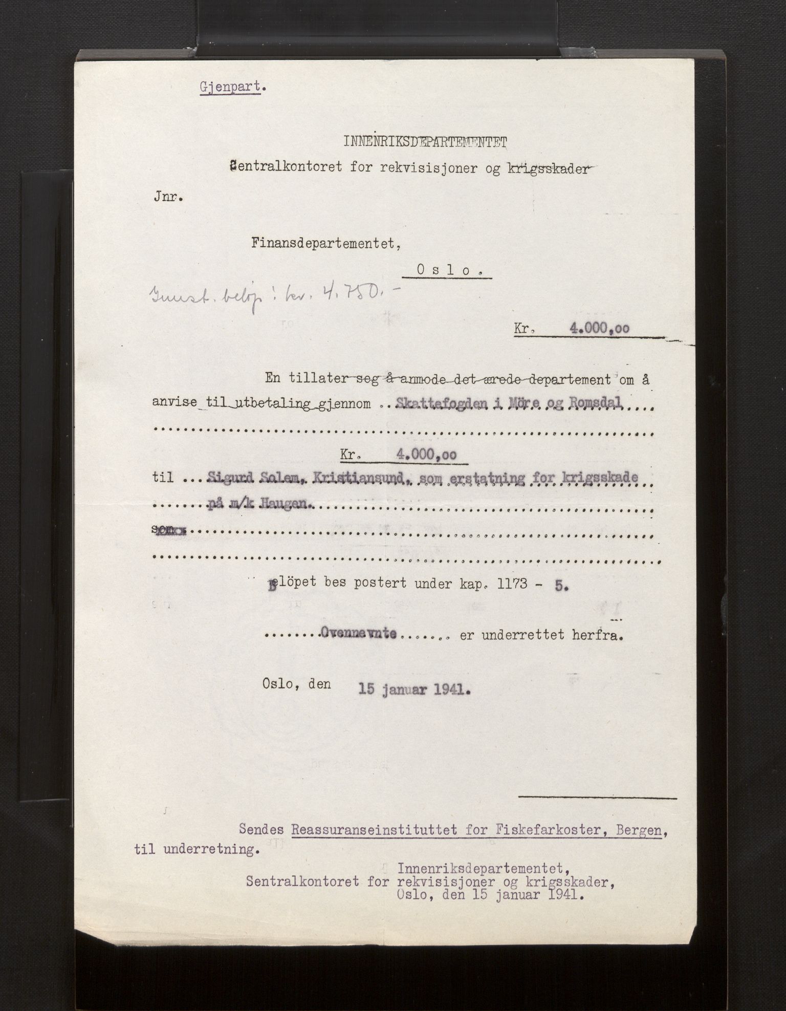 Fiskeridirektoratet - 1 Adm. ledelse - 13 Båtkontoret, AV/SAB-A-2003/La/L0008: Statens krigsforsikring for fiskeflåten, 1936-1971, p. 131