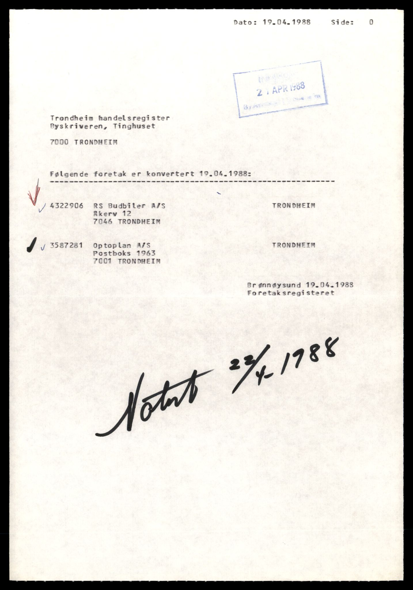 Trondheim byfogd, AV/SAT-A-0003/2/J/Jd/Jdd/L0046: Aksjeselskap, Rs-Sc, 1944-1990, p. 1