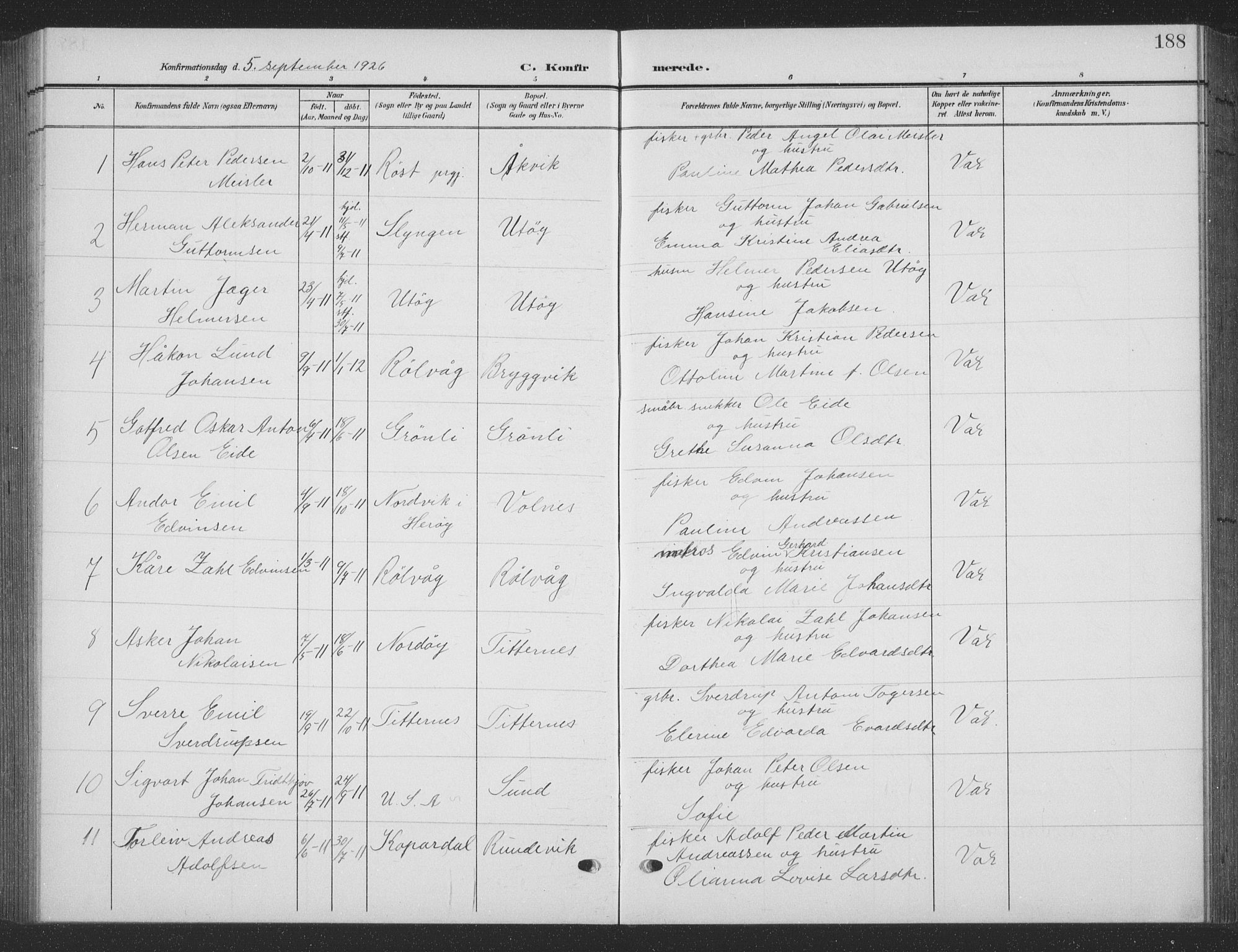 Ministerialprotokoller, klokkerbøker og fødselsregistre - Nordland, SAT/A-1459/835/L0533: Parish register (copy) no. 835C05, 1906-1939, p. 188