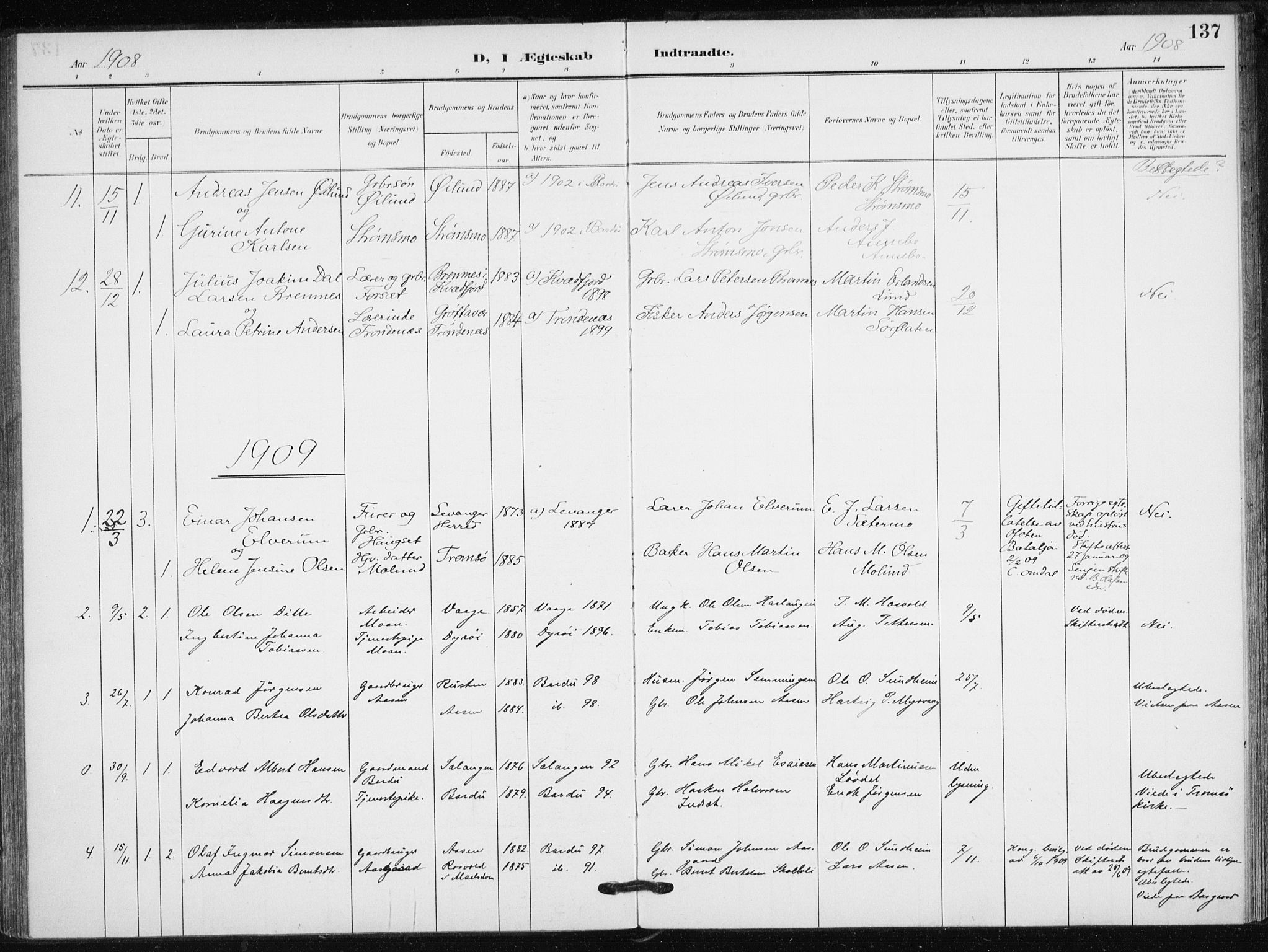 Målselv sokneprestembete, SATØ/S-1311/G/Ga/Gaa/L0013kirke: Parish register (official) no. 13, 1903-1919, p. 137