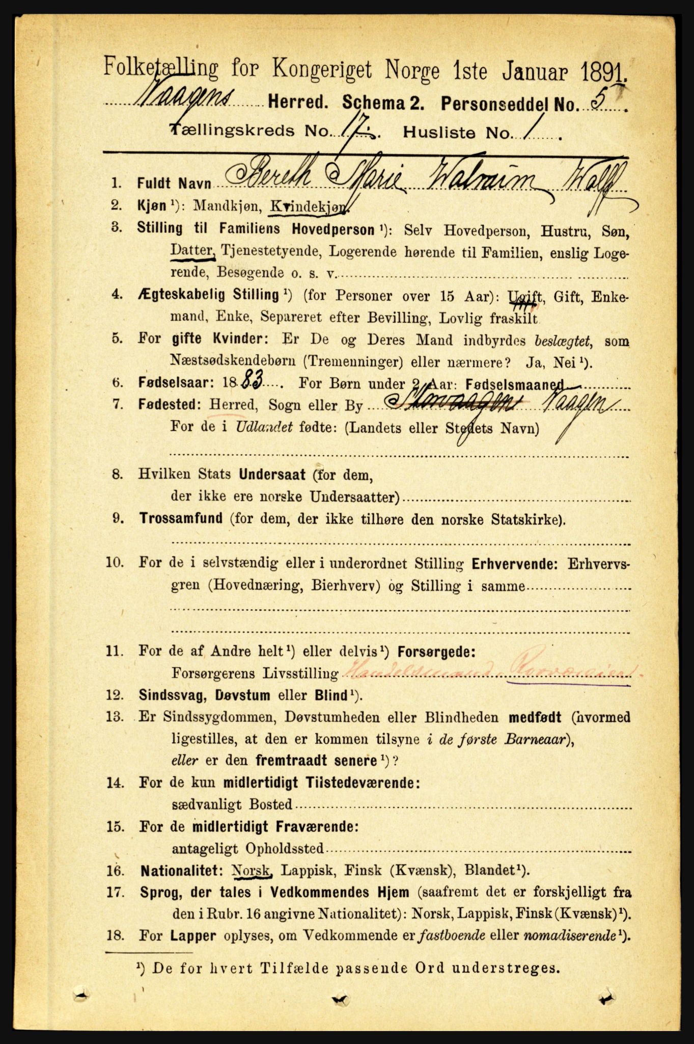 RA, 1891 census for 1865 Vågan, 1891, p. 4922