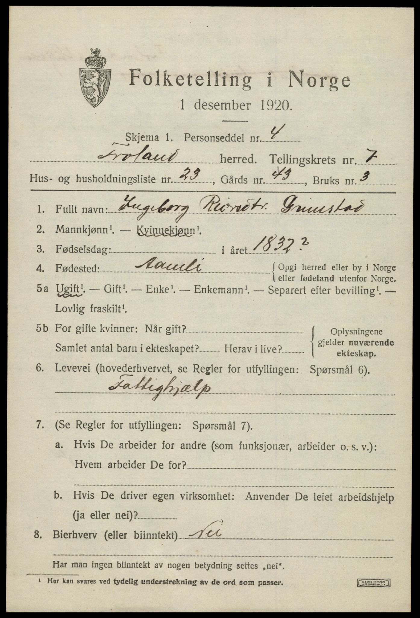 SAK, 1920 census for Froland, 1920, p. 4573