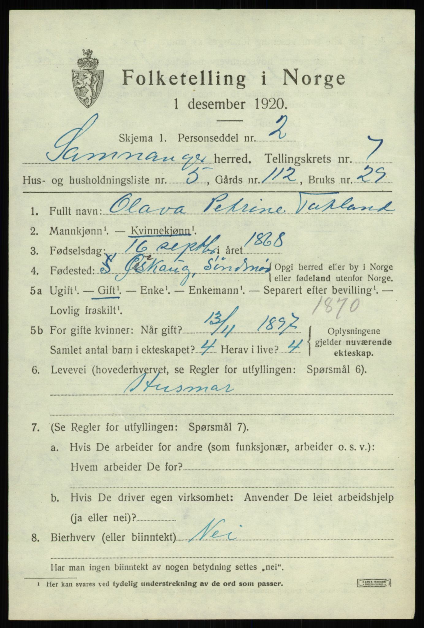 SAB, 1920 census for Samnanger, 1920, p. 2995