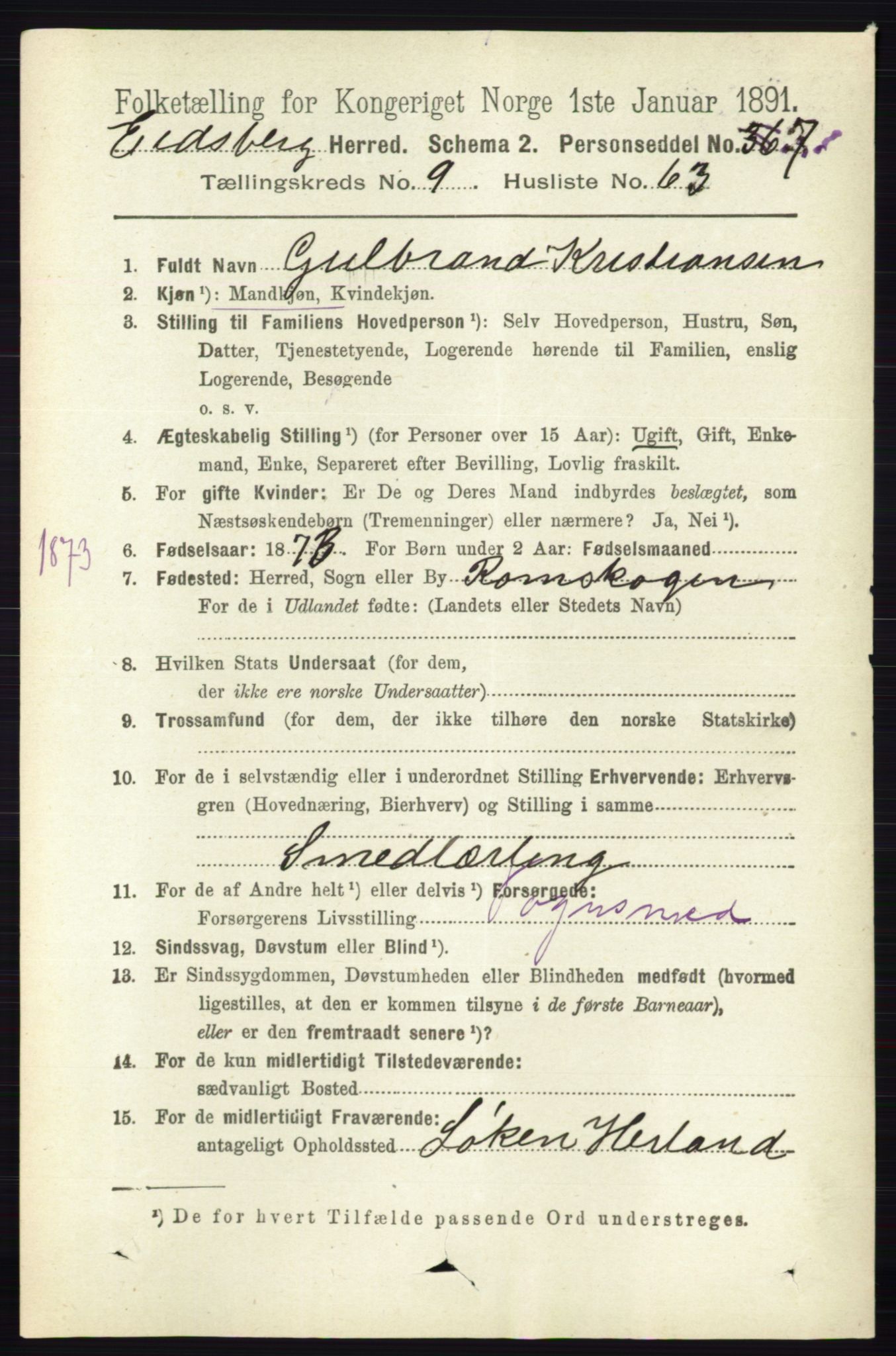 RA, 1891 census for 0125 Eidsberg, 1891, p. 5532