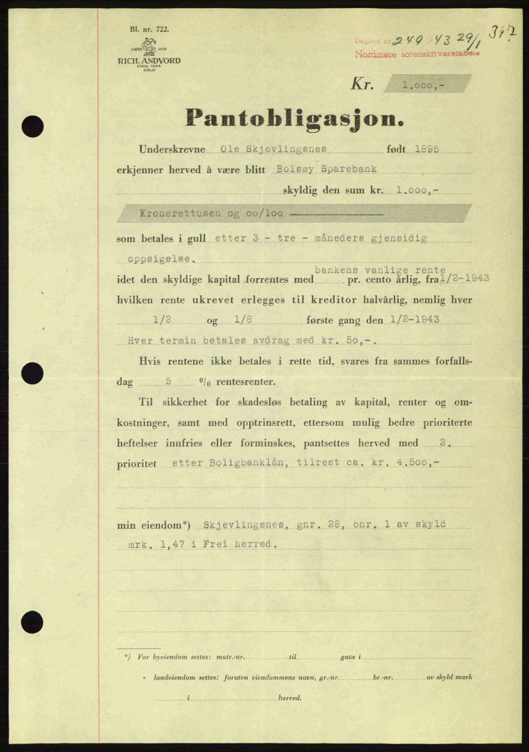 Nordmøre sorenskriveri, AV/SAT-A-4132/1/2/2Ca: Mortgage book no. B90, 1942-1943, Diary no: : 249/1943