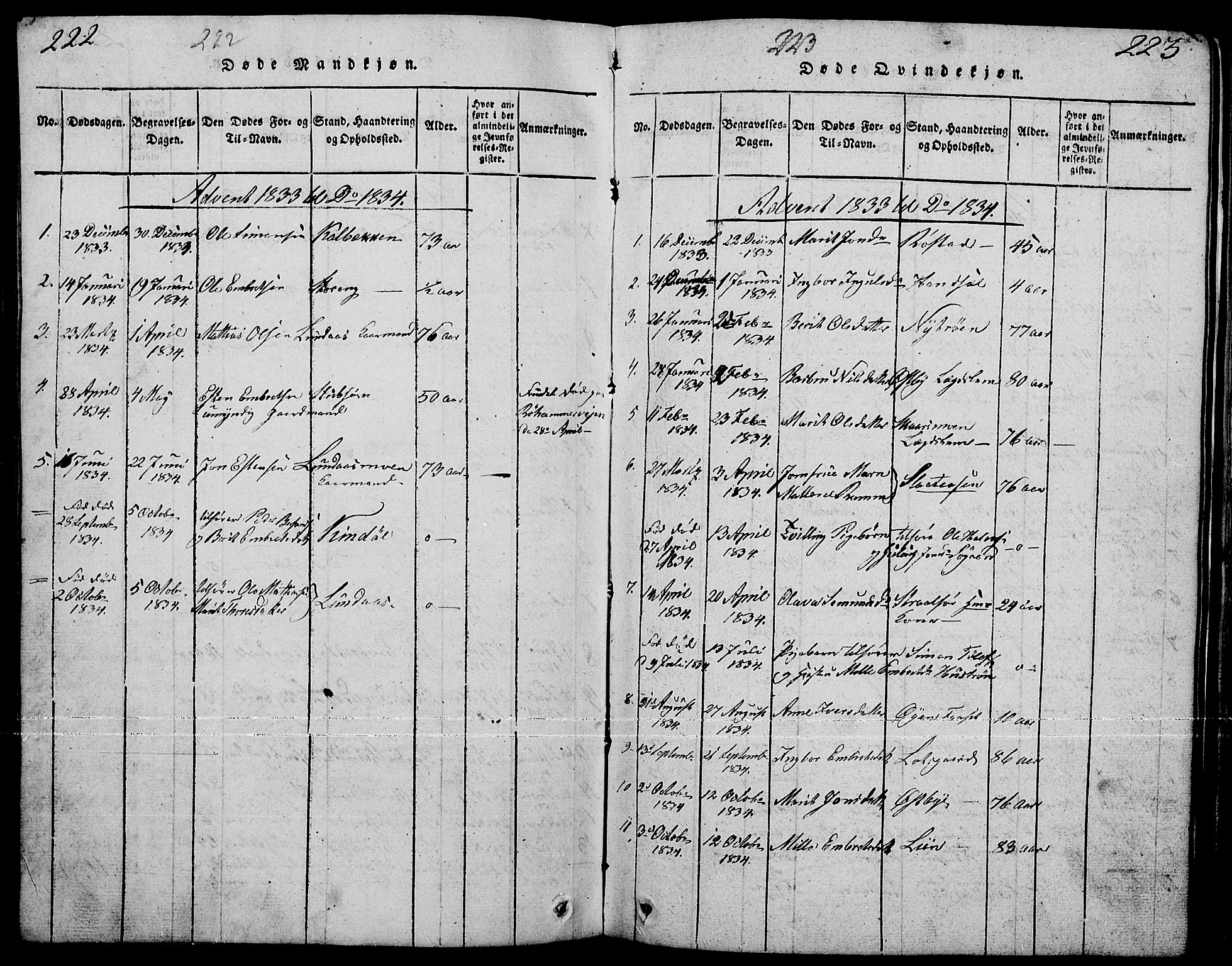 Tynset prestekontor, SAH/PREST-058/H/Ha/Hab/L0001: Parish register (copy) no. 1, 1814-1859, p. 222-223