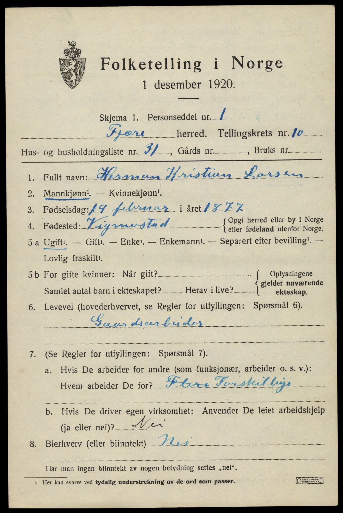 SAK, 1920 census for Fjære, 1920, p. 11715