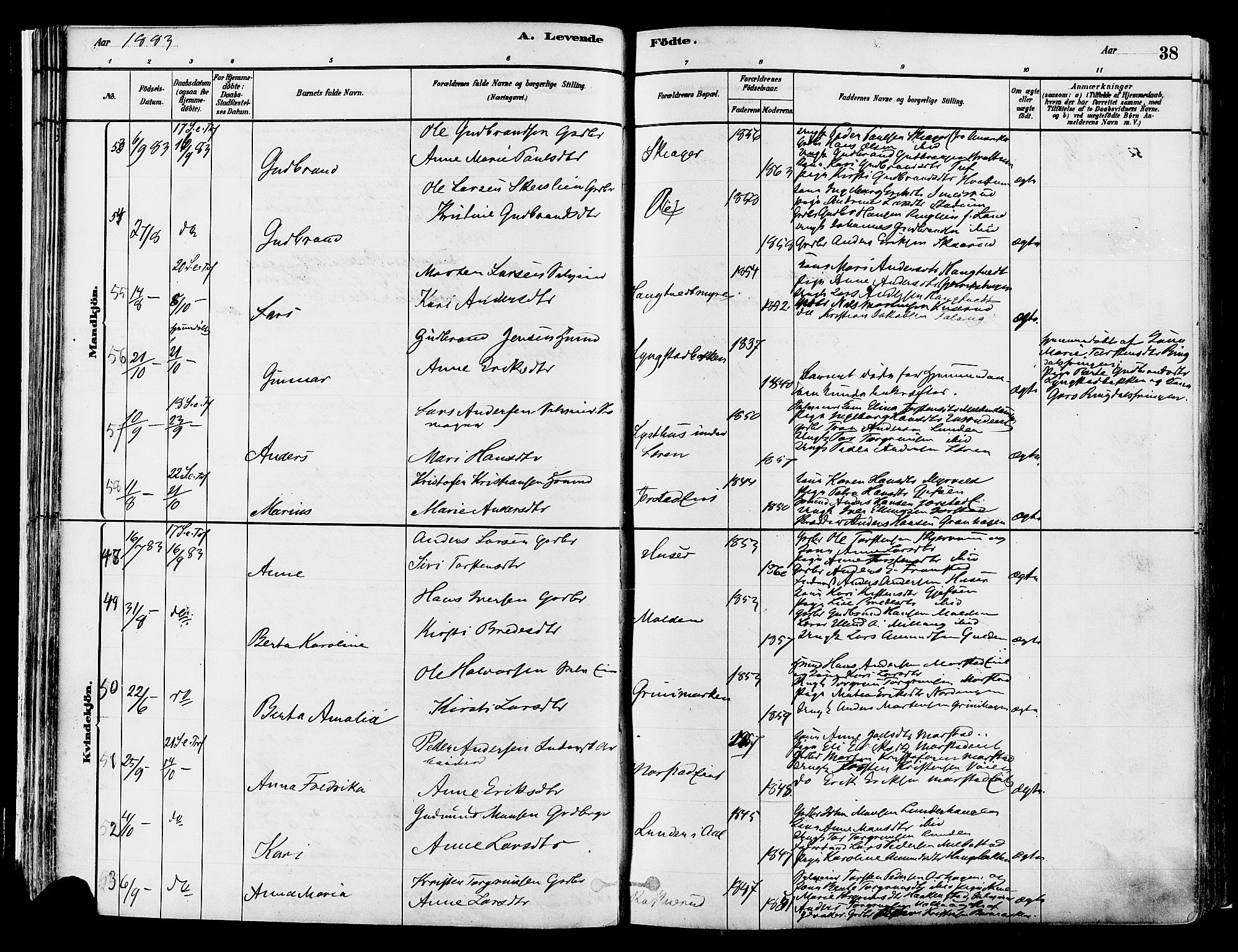 Gran prestekontor, SAH/PREST-112/H/Ha/Haa/L0014: Parish register (official) no. 14, 1880-1889, p. 38