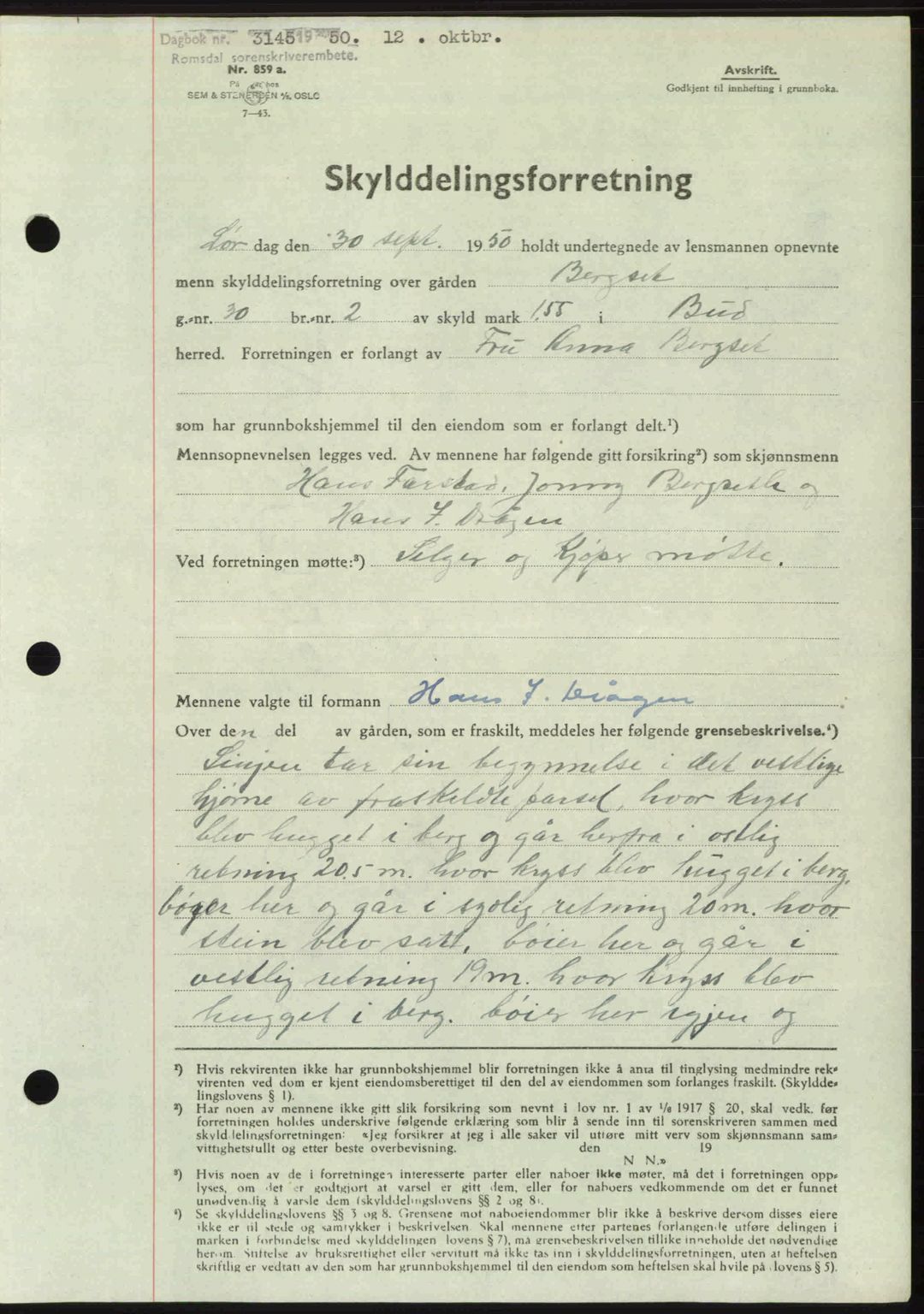 Romsdal sorenskriveri, AV/SAT-A-4149/1/2/2C: Mortgage book no. A34, 1950-1950, Diary no: : 3145/1950