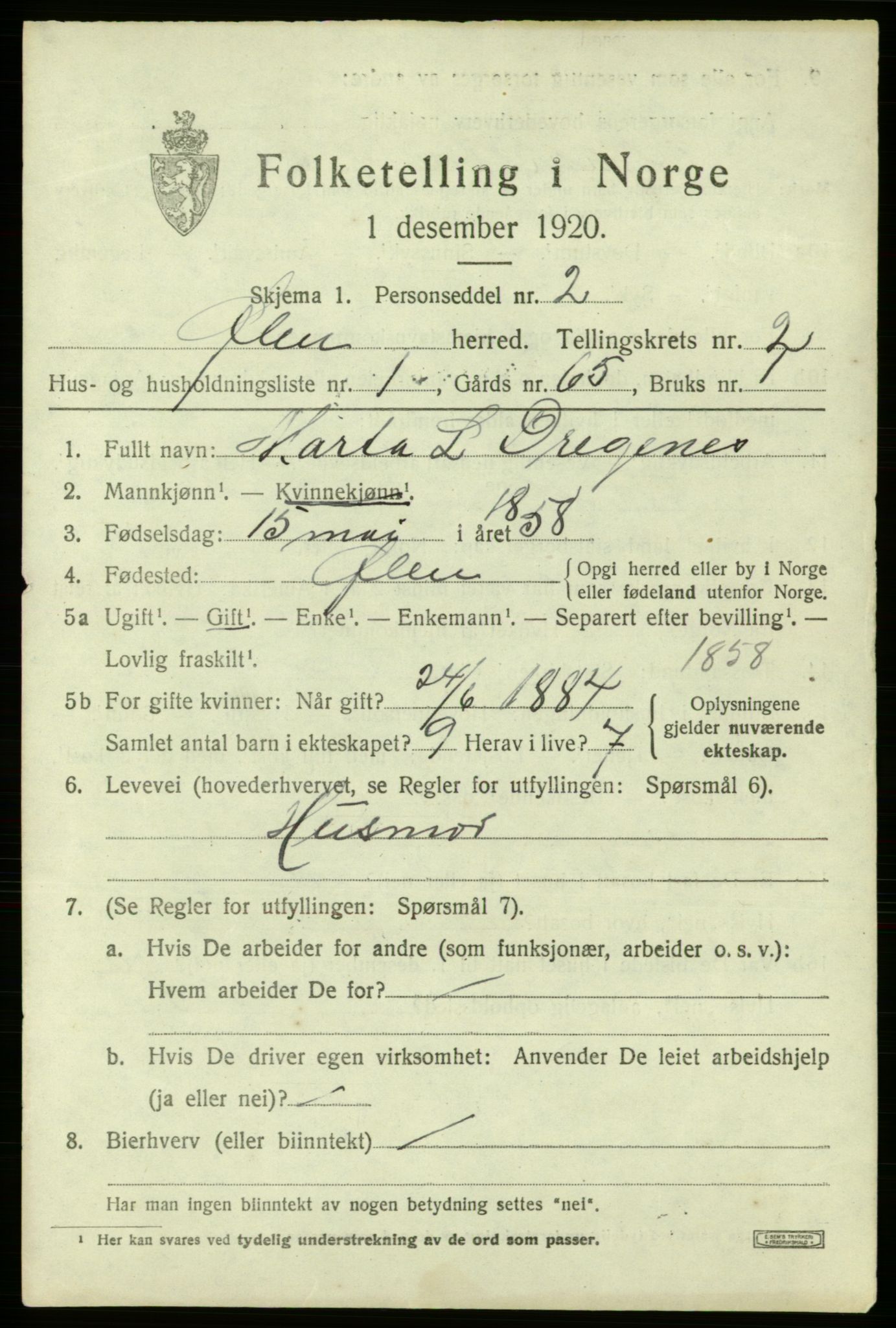 SAB, 1920 census for Ølen, 1920, p. 905