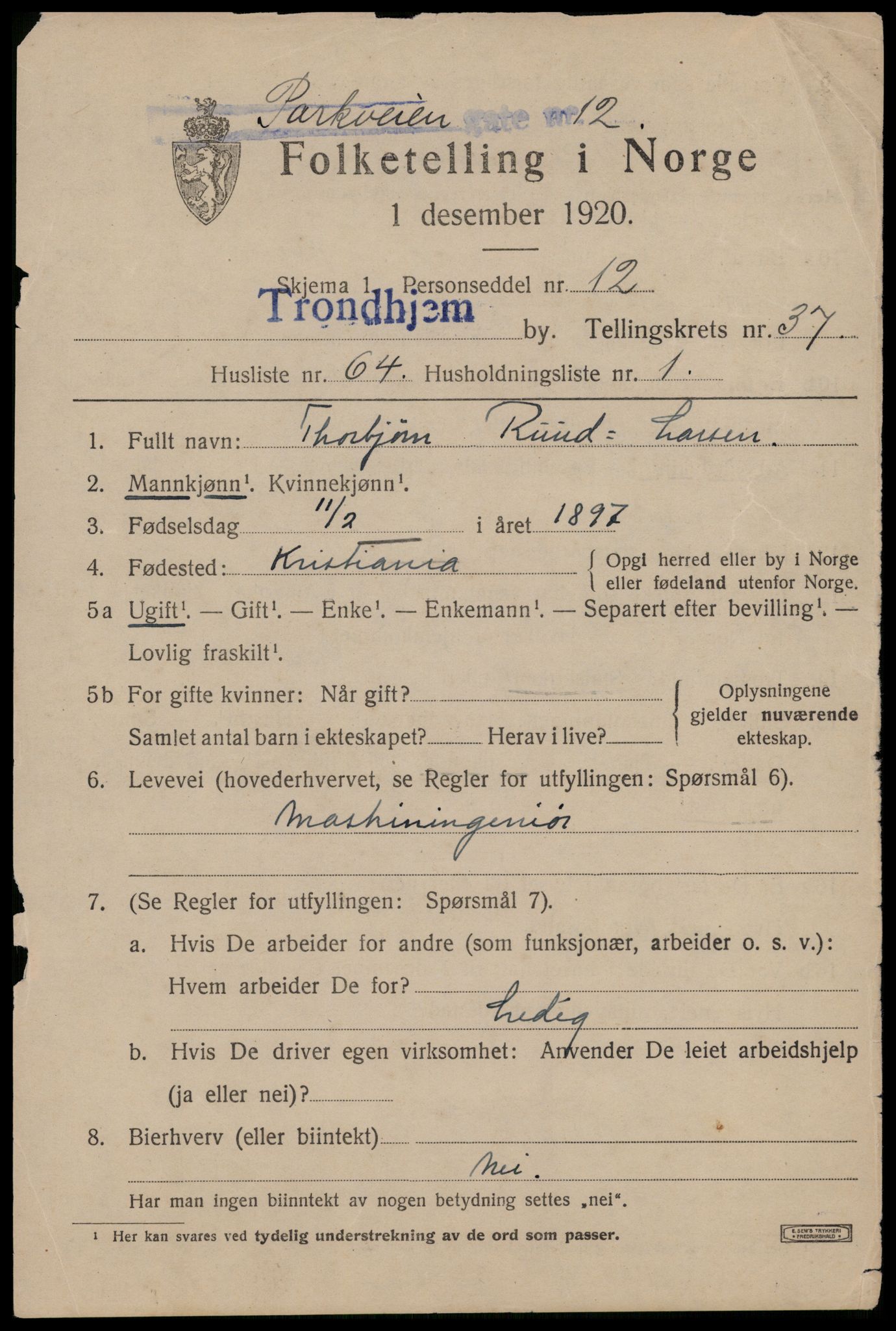 SAT, 1920 census for Trondheim, 1920, p. 86256