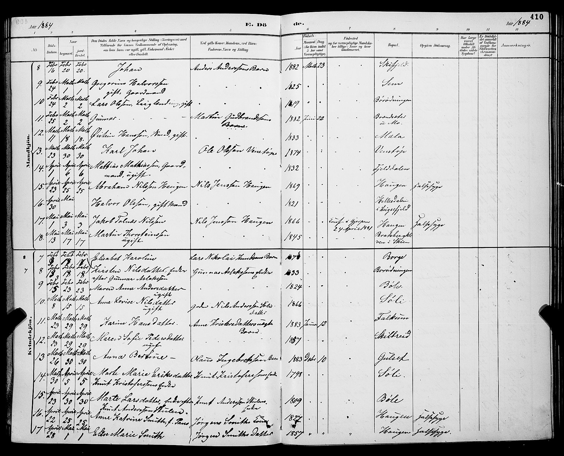 Gjerpen kirkebøker, SAKO/A-265/G/Ga/L0002: Parish register (copy) no. I 2, 1883-1900, p. 410