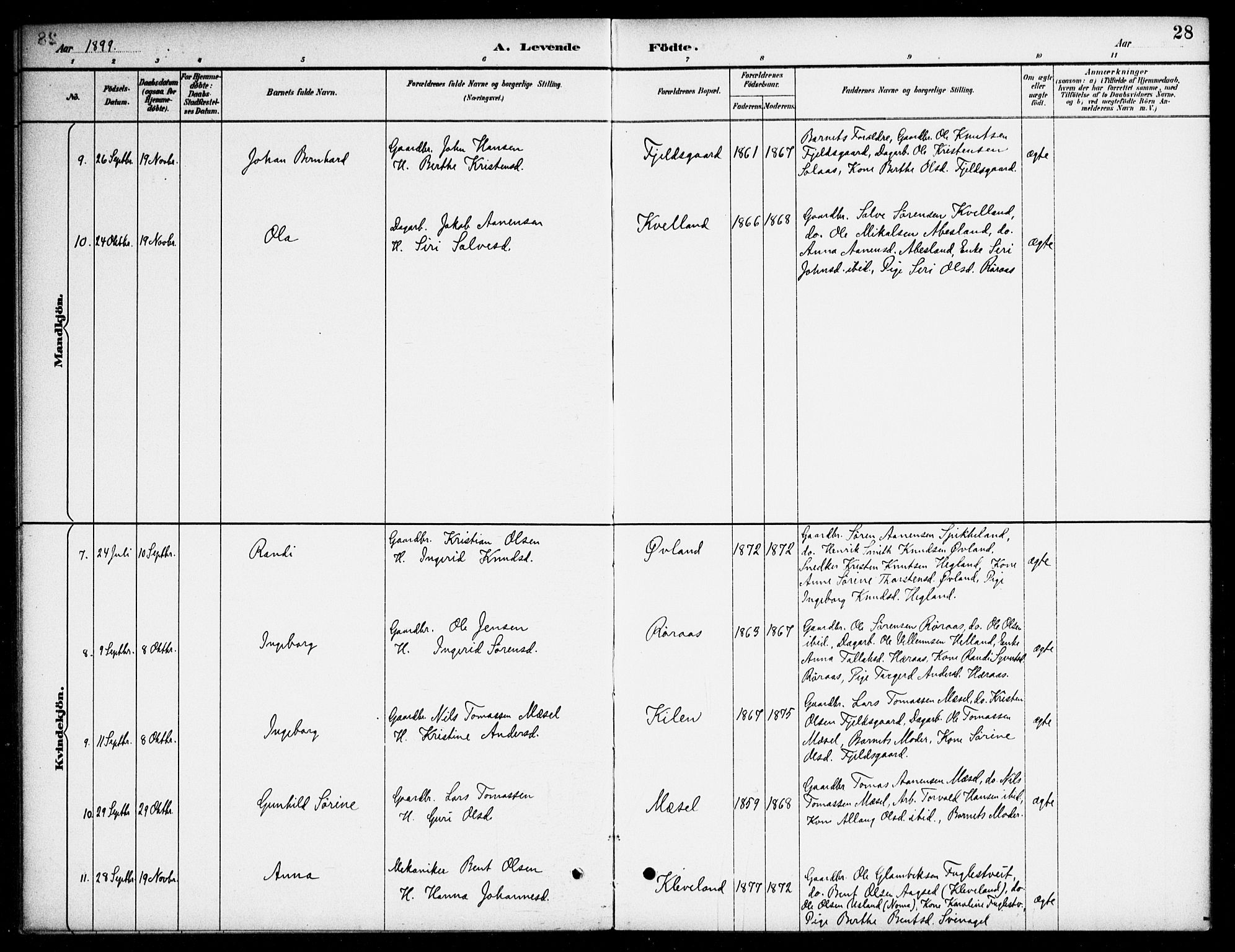 Bjelland sokneprestkontor, AV/SAK-1111-0005/F/Fa/Fab/L0004: Parish register (official) no. A 4, 1887-1920, p. 28