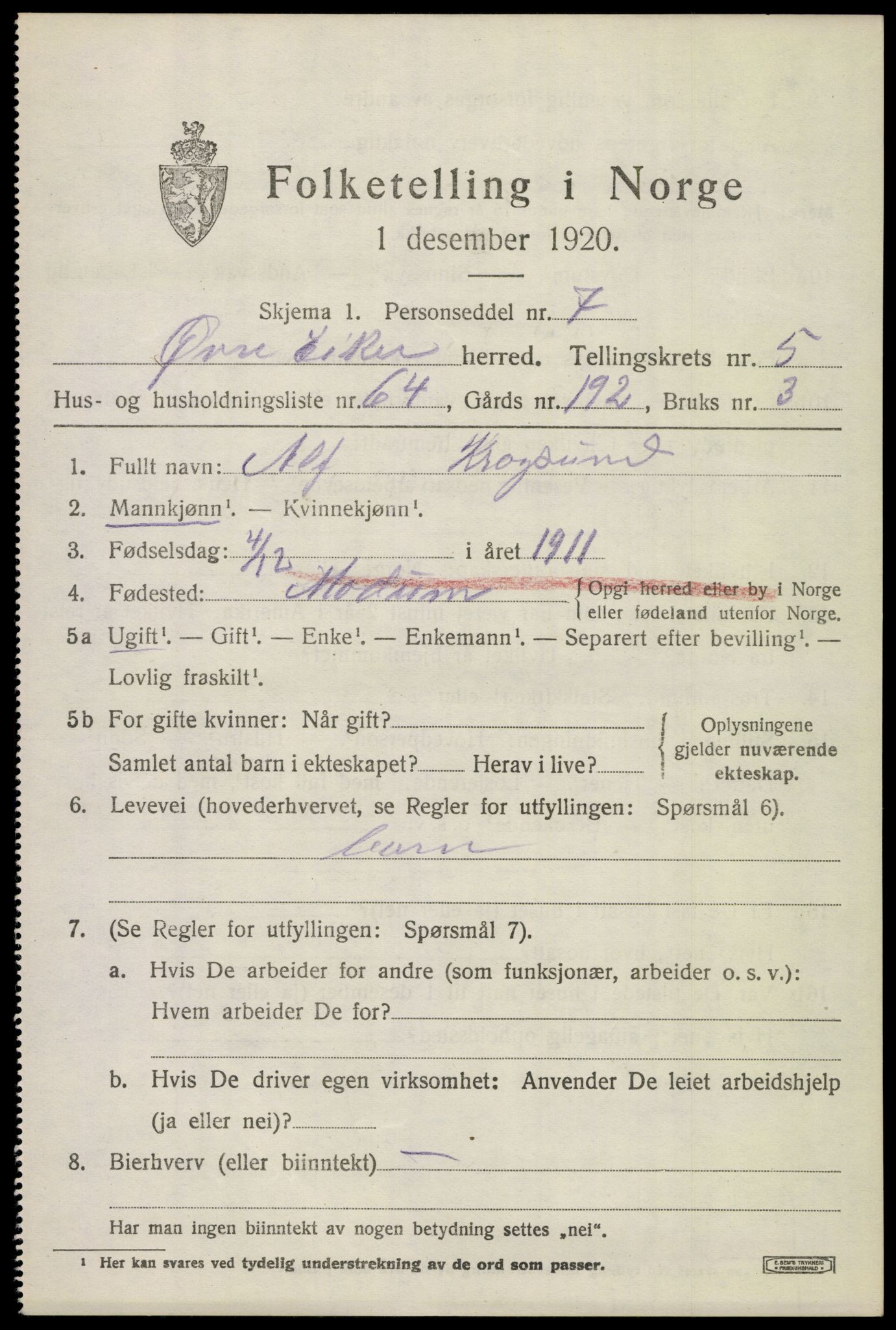 SAKO, 1920 census for Øvre Eiker, 1920, p. 12770