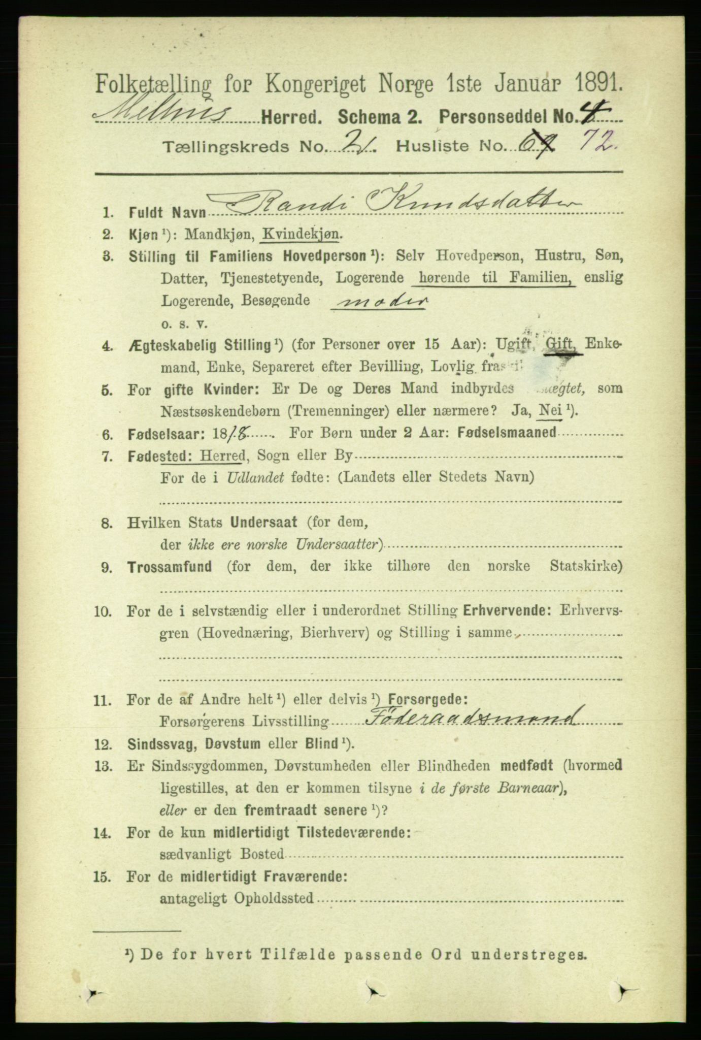 RA, 1891 census for 1653 Melhus, 1891, p. 1141