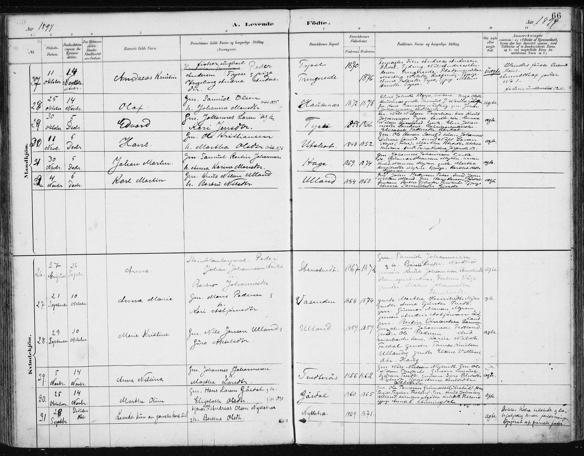 Samnanger Sokneprestembete, AV/SAB-A-77501/H/Haa: Parish register (official) no. A 1, 1885-1901, p. 66