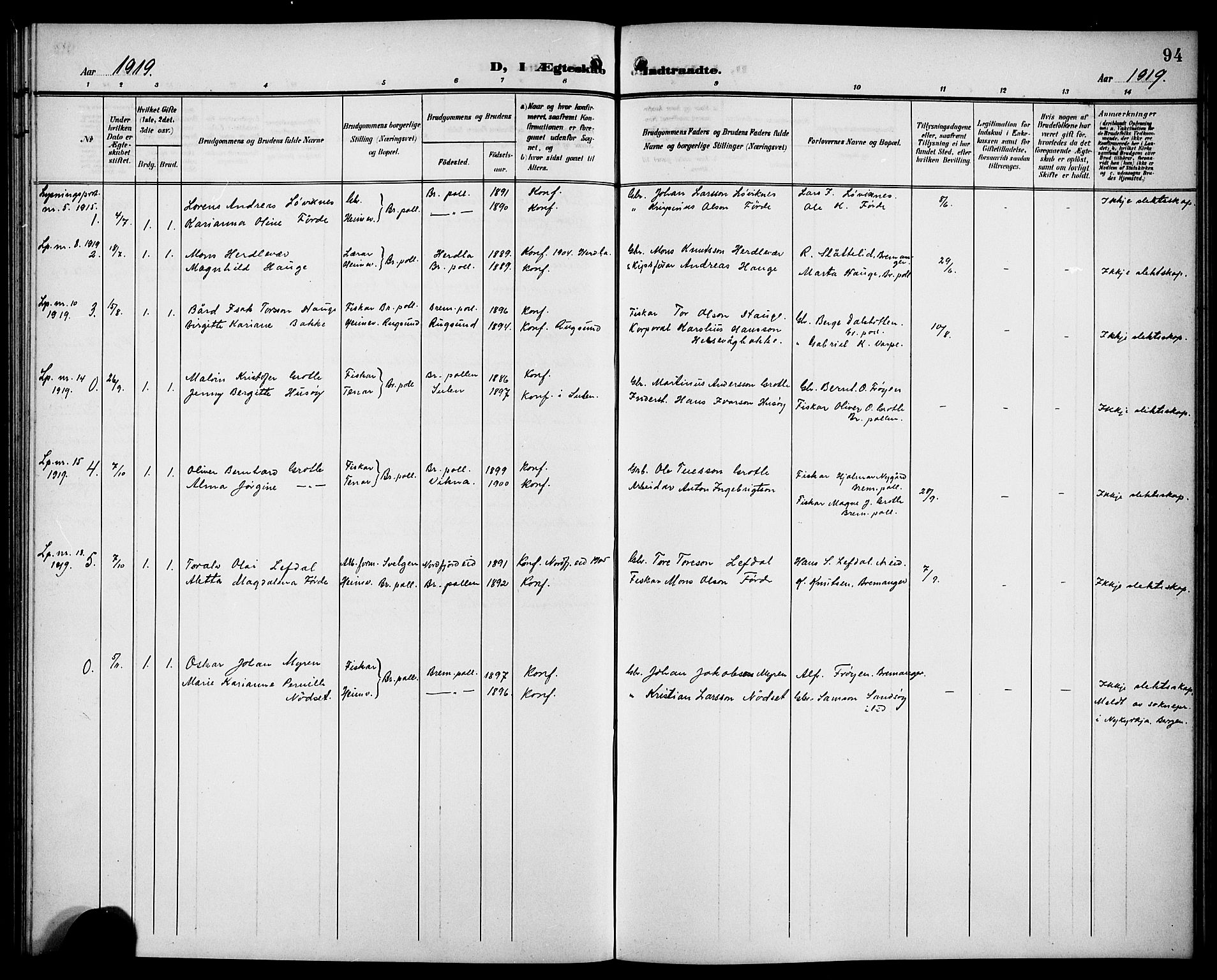 Bremanger sokneprestembete, AV/SAB-A-82201/H/Hab/Habc/L0001: Parish register (copy) no. C 1, 1908-1919, p. 94