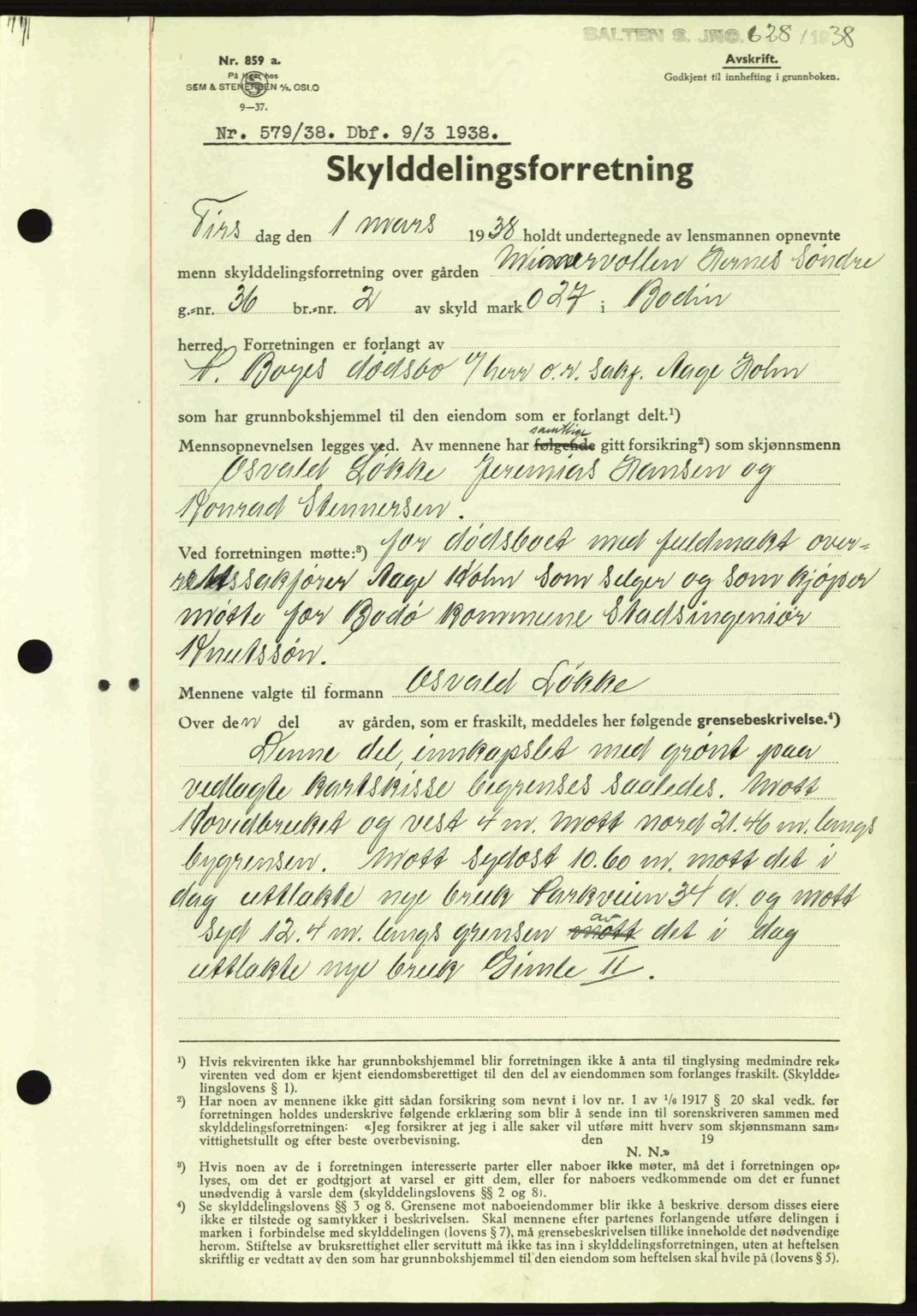 Salten sorenskriveri, AV/SAT-A-4578/1/2/2C: Mortgage book no. A1-4, 1936-1938, Diary no: : 579/1938