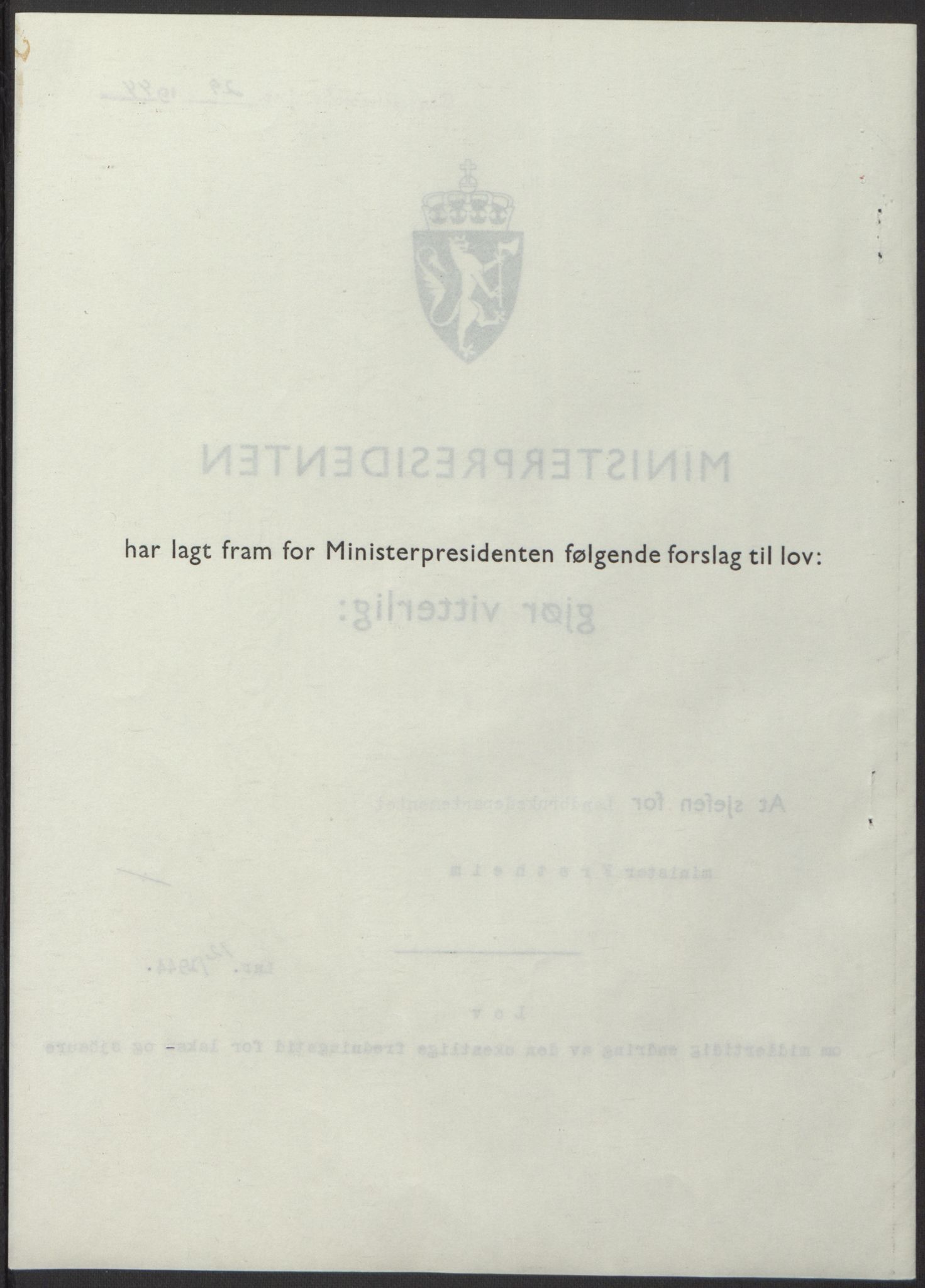 NS-administrasjonen 1940-1945 (Statsrådsekretariatet, de kommisariske statsråder mm), AV/RA-S-4279/D/Db/L0100: Lover, 1944, p. 53