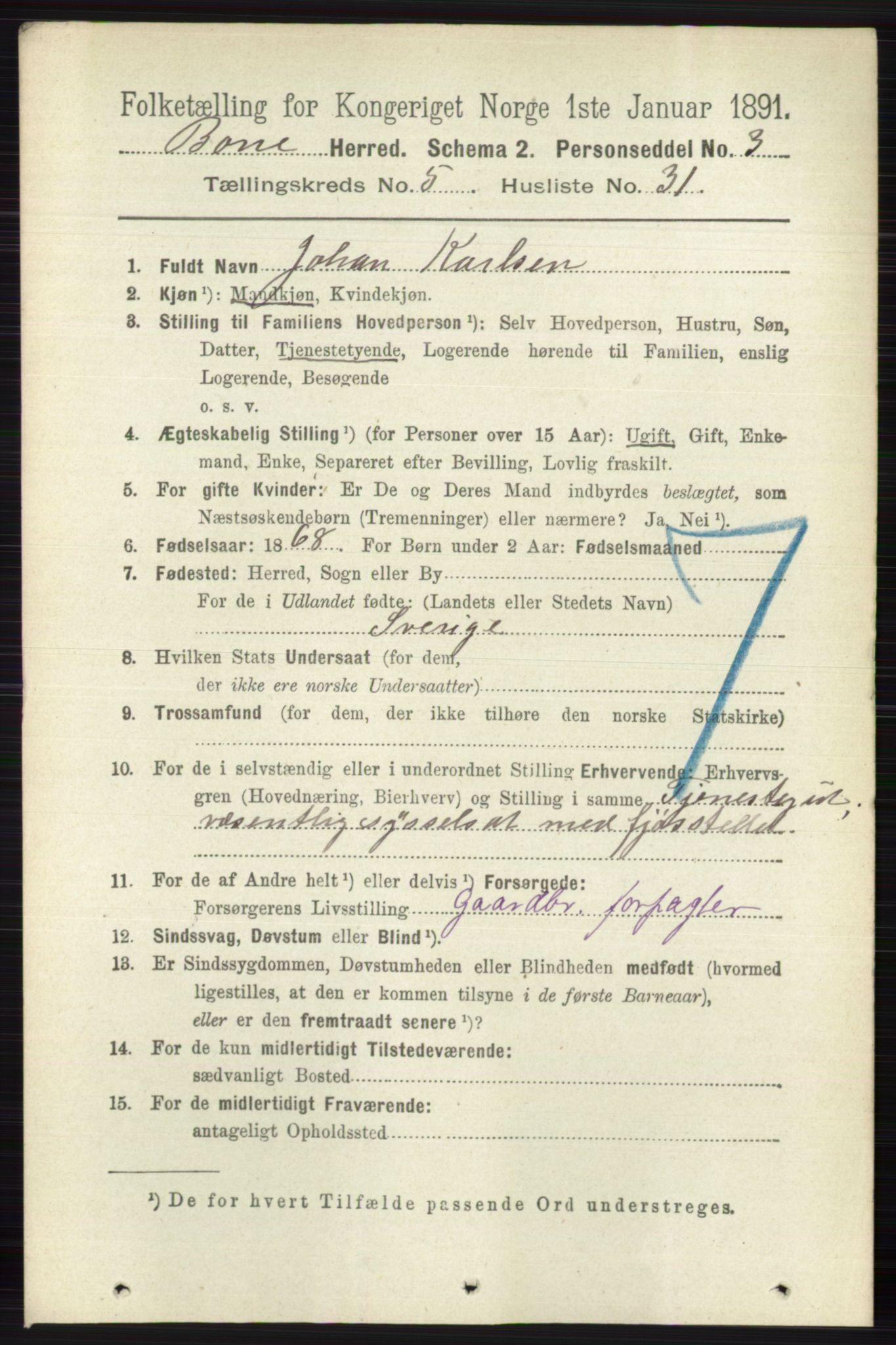 RA, 1891 census for 0717 Borre, 1891, p. 2210