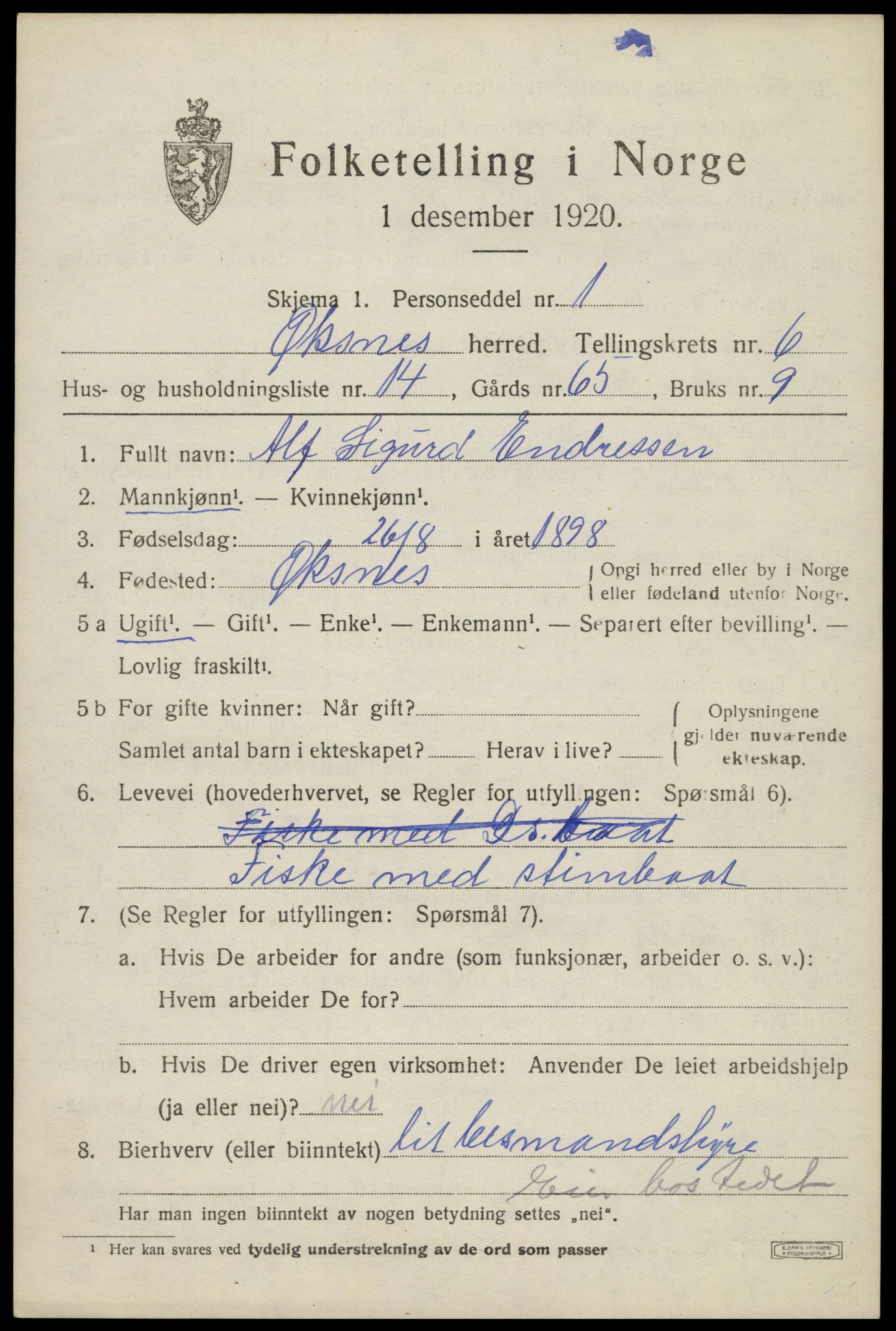 SAT, 1920 census for Øksnes, 1920, p. 5098